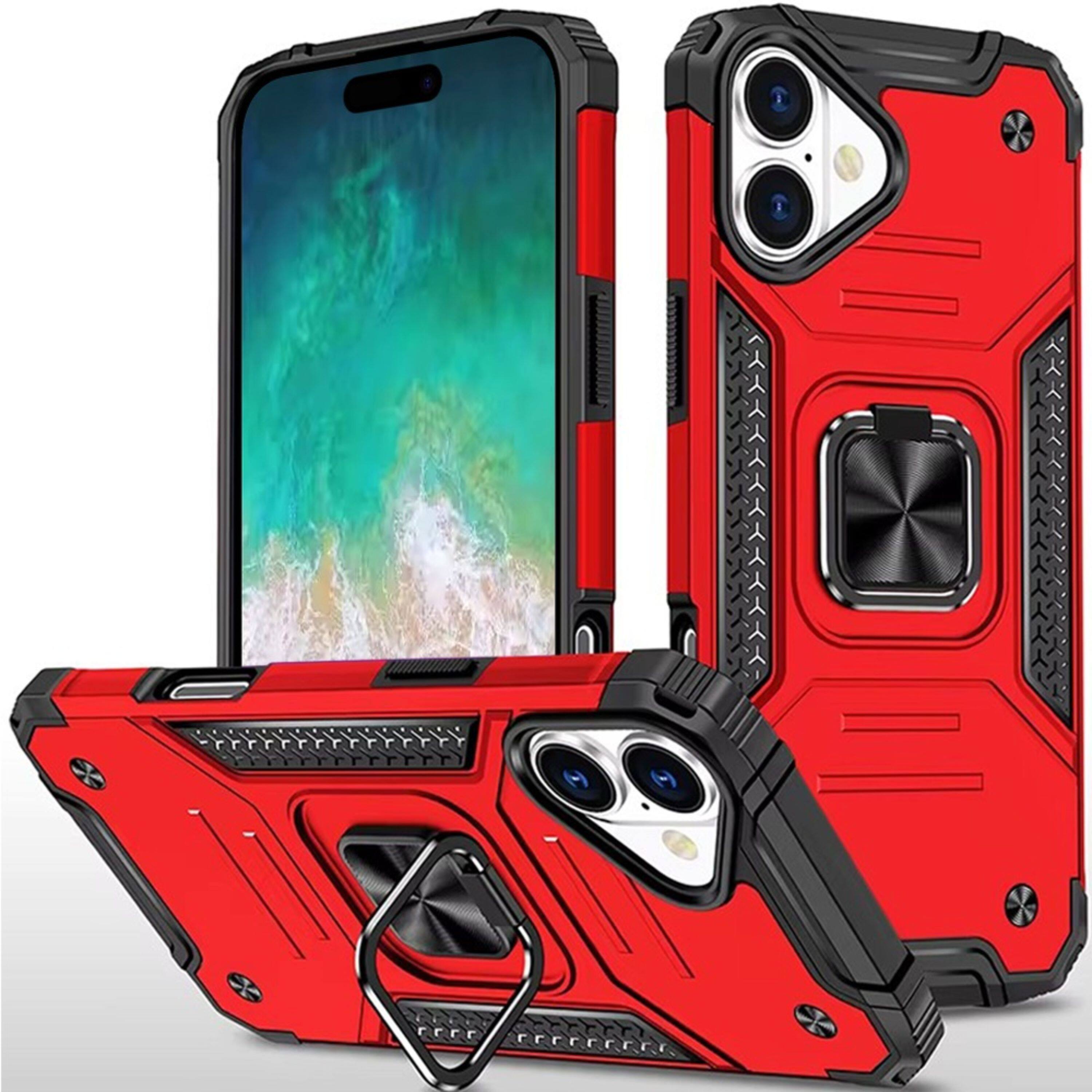 Front. Kitcheniva - Shockproof Rugged Magnetic Stand Phone Case With Tempered Glass For iPhone 16 Plus Red - Red.