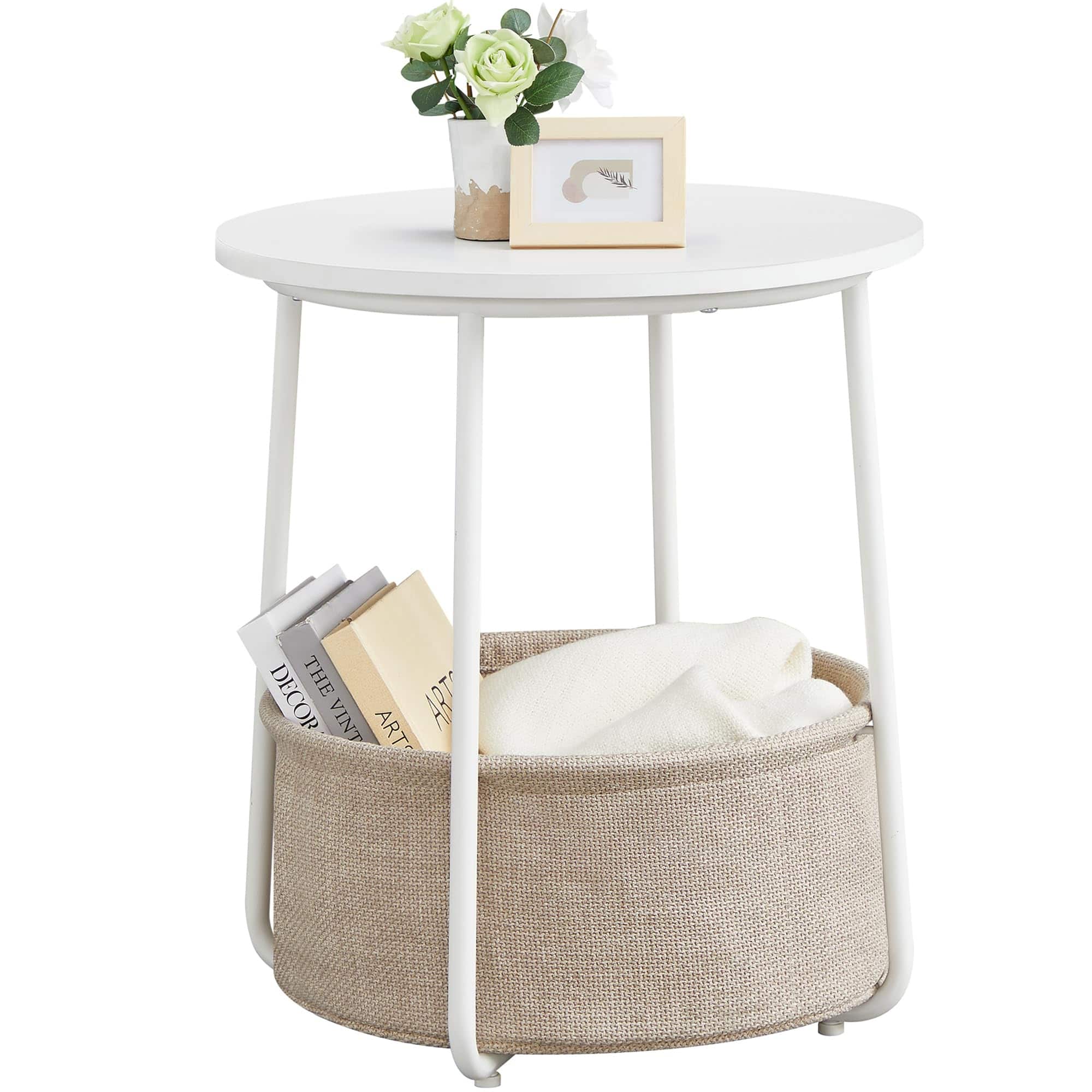 Songmics Home - Small Round Side End Table – Modern Nightstand with Fabric Basket Matte and Camel Brown - White