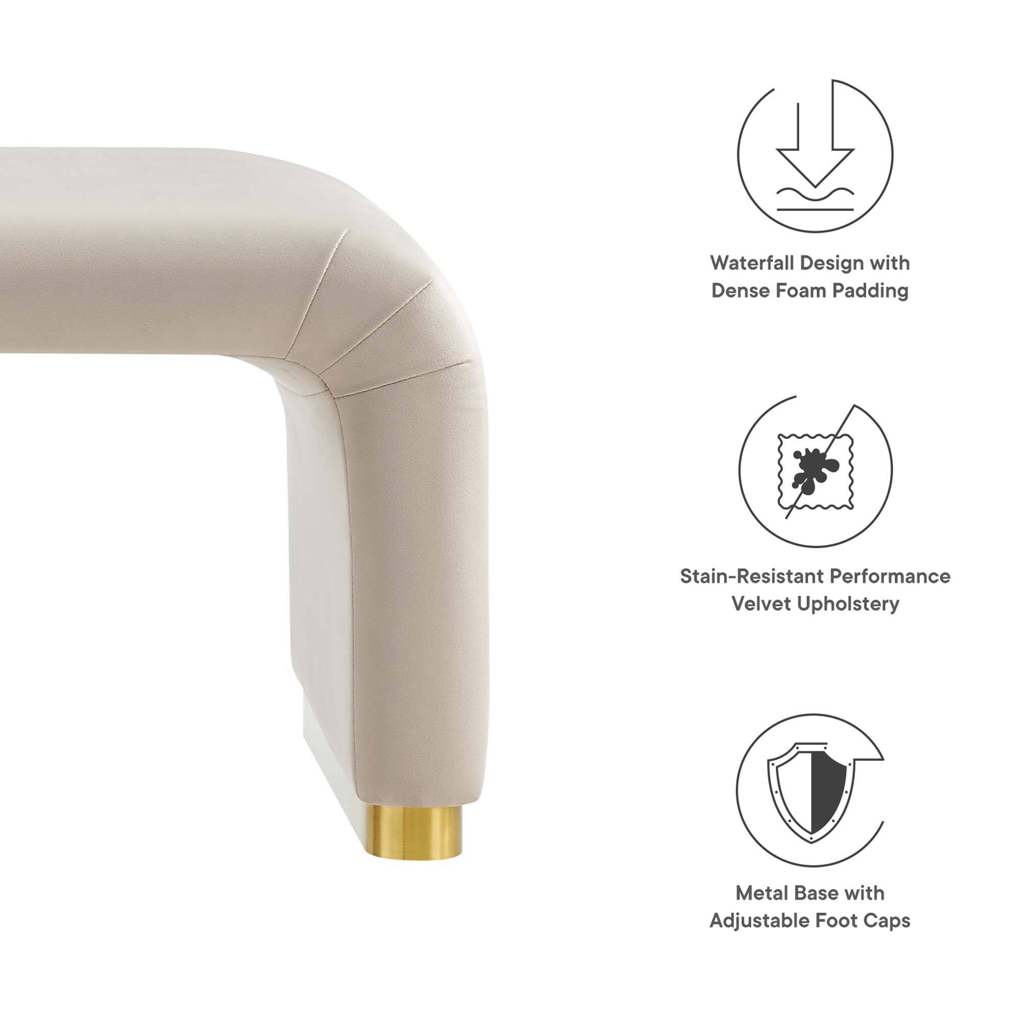 Waterfall Design with Dense Foam Padding  
Stain-Resistant Performance Velvet Upholstery  
Metal Base with Adjustable Foot Caps
