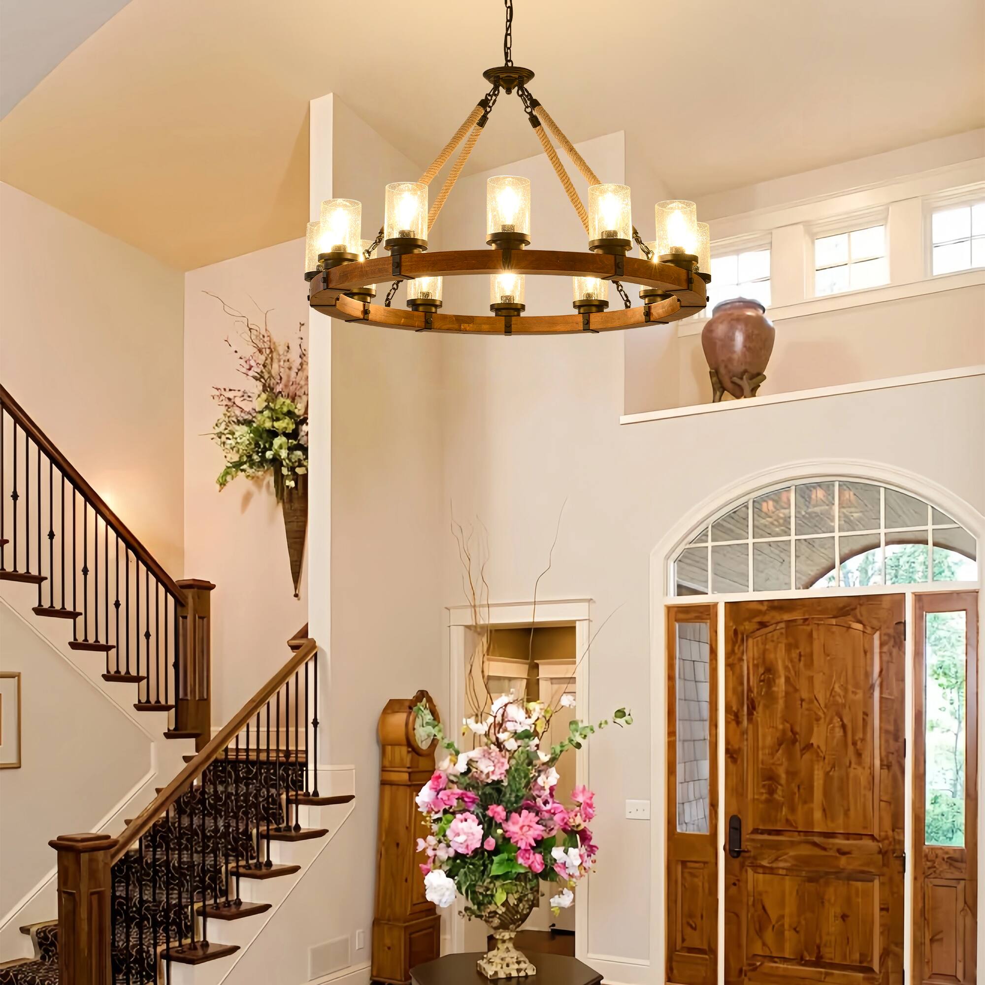 Alt View 2. RYHNUYNE - 12 Light Rustic Wagon Wheel Chandelier,Farmhouse Dining Room Light Fixture with Seeded Glass Shade,Round Wood Chandelier - Brown.