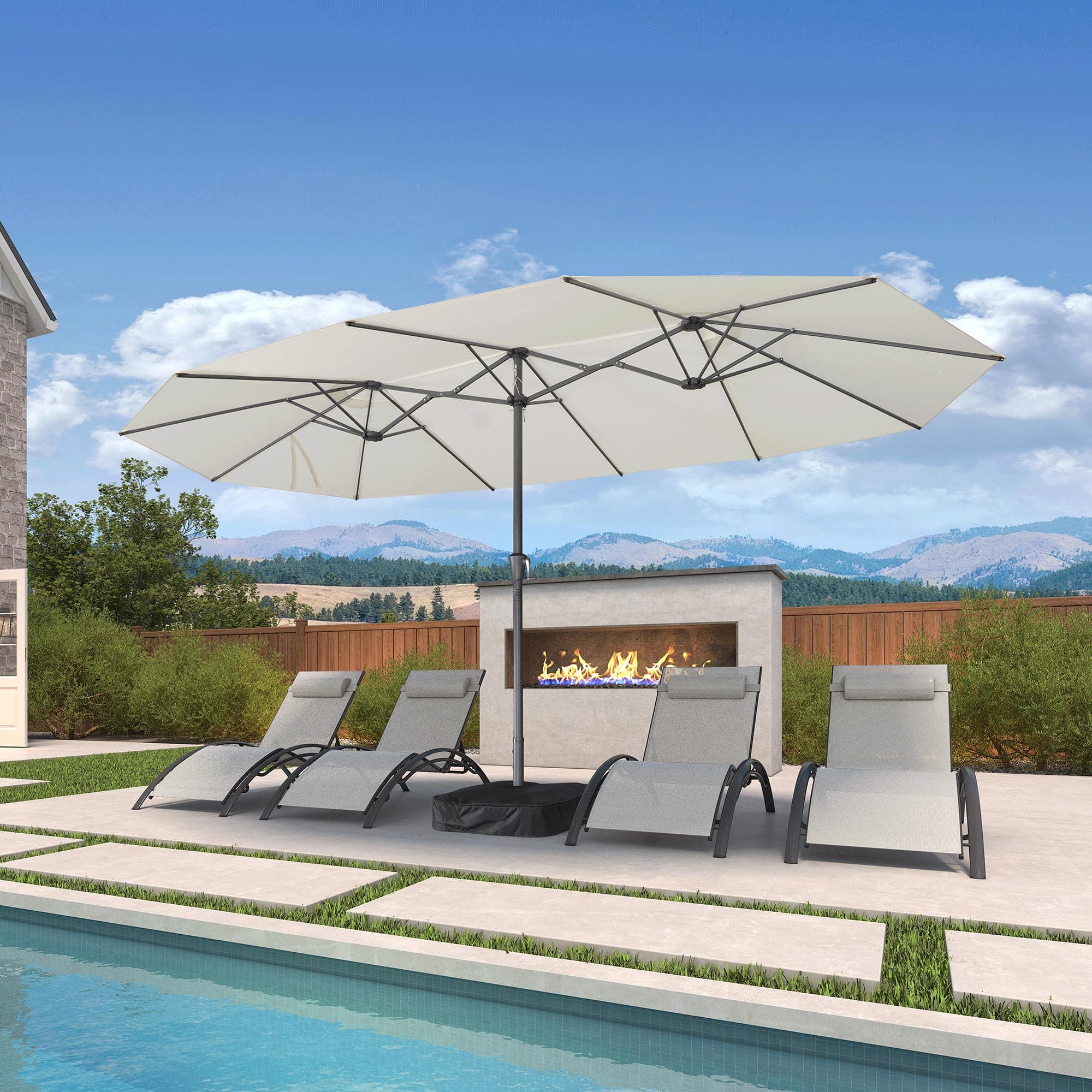 Front. PURPLE LEAF - 15 ft. Patio Market Umbrella with Base Double-Sided Outdoor Table Sun Umbrellas with Crank for Pool Beach Deck Backyard - White.