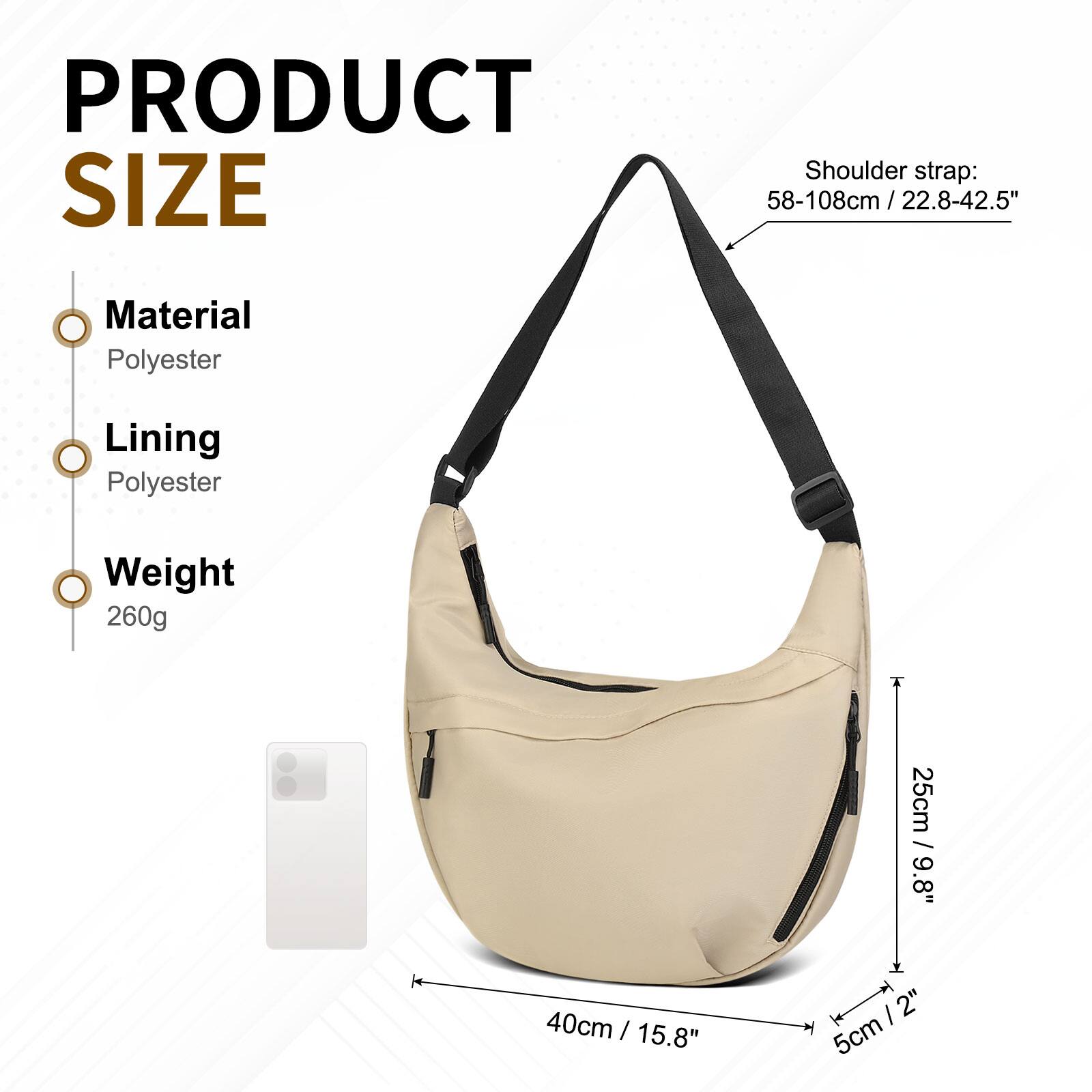 PRODUCT SIZE  
Shoulder strap: 58-108cm / 22.8-42.5"  
Material: Polyester  
Lining: Polyester  
Weight: 260g  

Dimensions:  
Height: 25cm / 9.8"  
Width: 40cm / 15.8"  
Depth: 5cm / 2"