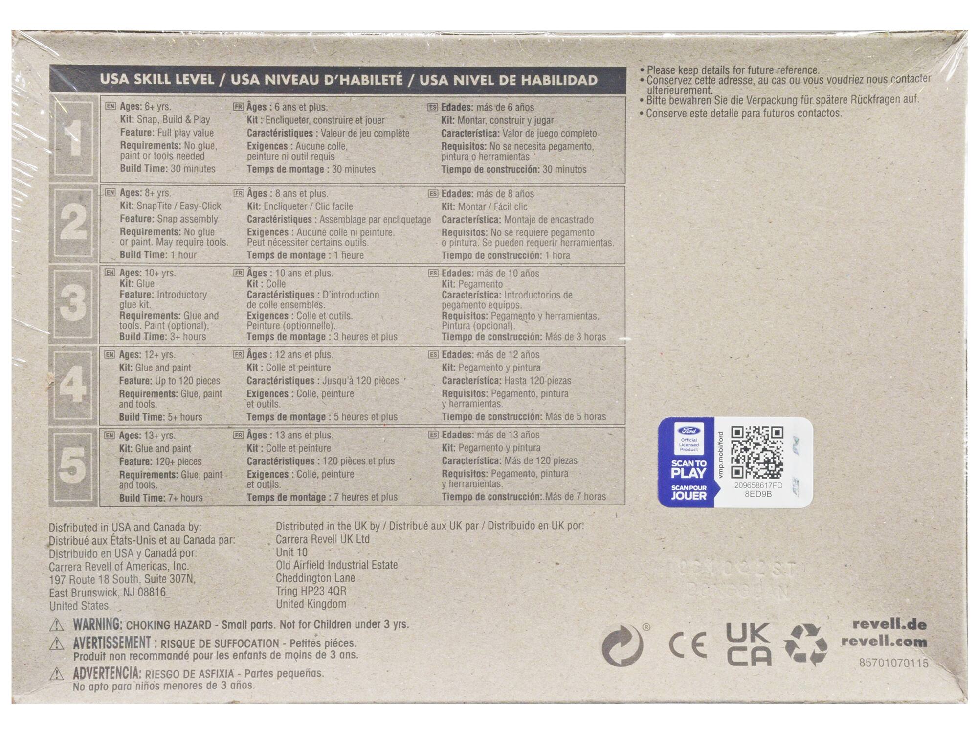 **USA SKILL LEVEL / USA NIVEAU D'HABILITÉ / USA NIVEL DE HABILIDAD**

1. **Ages: 6-4 yrs.**  
   Kit: Snap, Build & Play  
   Feature: Full play value  
   Requirements: No glue, paint or tools needed  
   Build Time: 30 minutes  
   **Ages: 6 ans et plus**  
   Kit: Encliqueter, construire et jouer  
   Caractéristiques: Jeu complet  
   Exigences: Aucune colle ni peinture.  
   Temps de montage: 30 minutes  
   **Edades: más de 6 años**  
   Kit: Montar, construir y jugar  
   Características: Juego completo  
   Requisitos: No se necesita pegamento, pintura ni herramientas.  
   Tiempo de construcción: 30 minutos  

2. **Ages: 8-4 yrs.**  
   Kit: SnapTite / Easy-Click  
   Feature: Snap assembly  
   Requirements: No glue or paint. May require tools.  
   Build Time: 1 hour  
   **Ages