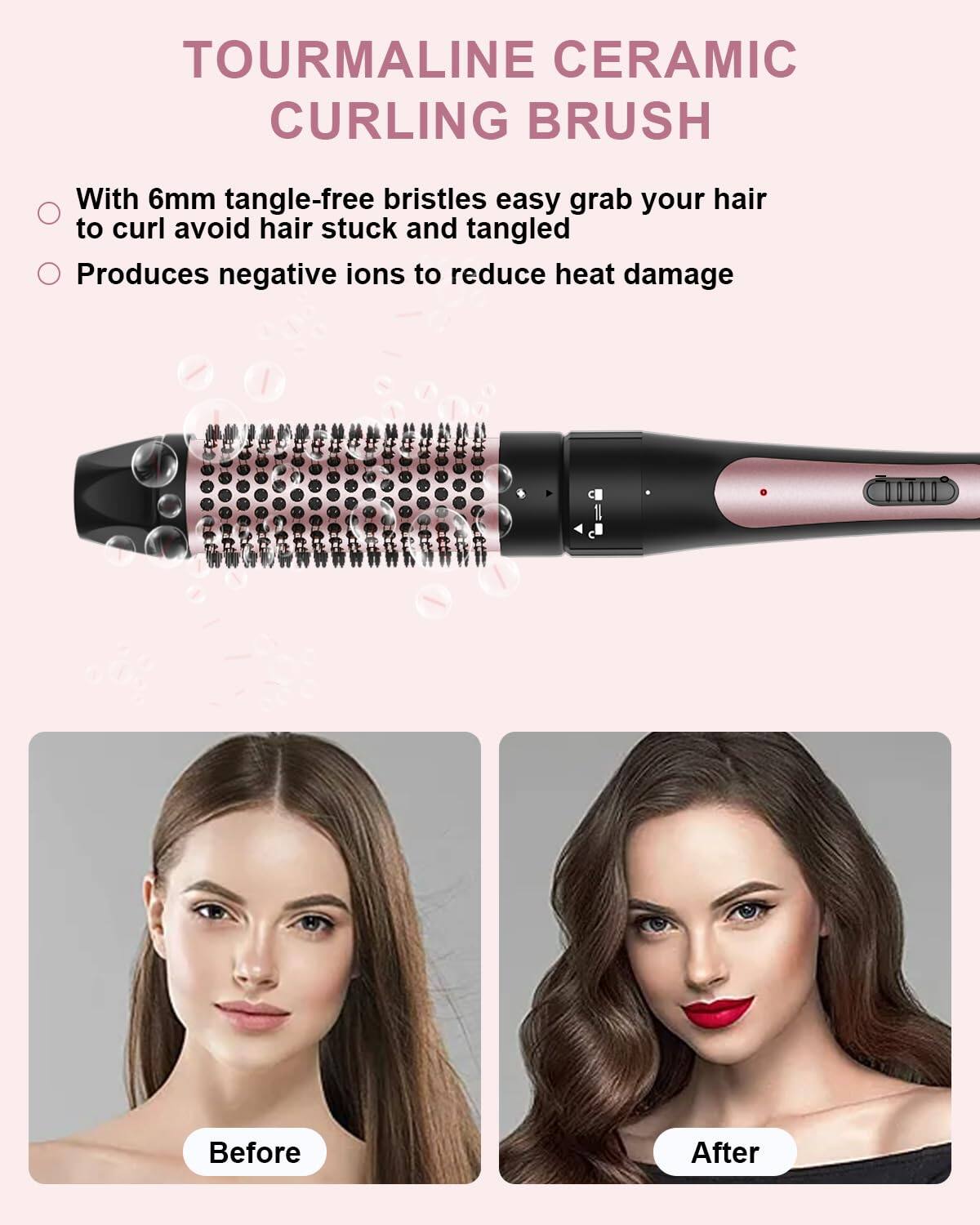 TOURMALINE CERAMIC CURLING BRUSH

- With 6mm tangle-free bristles easy grab your hair to curl avoid hair stuck and tangled
- Produces negative ions to reduce heat damage

Before

After