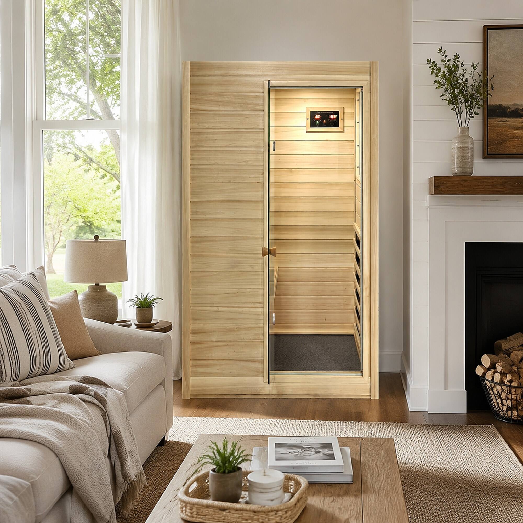 Alt View 1. RYHNUYNE - Far Infrared Sauna Room, 36.61 x 29.33 x 62.99 in, European Aspen Wood, 5 Heating Panels, 905W, Bluetooth Speaker - Natural Wood.