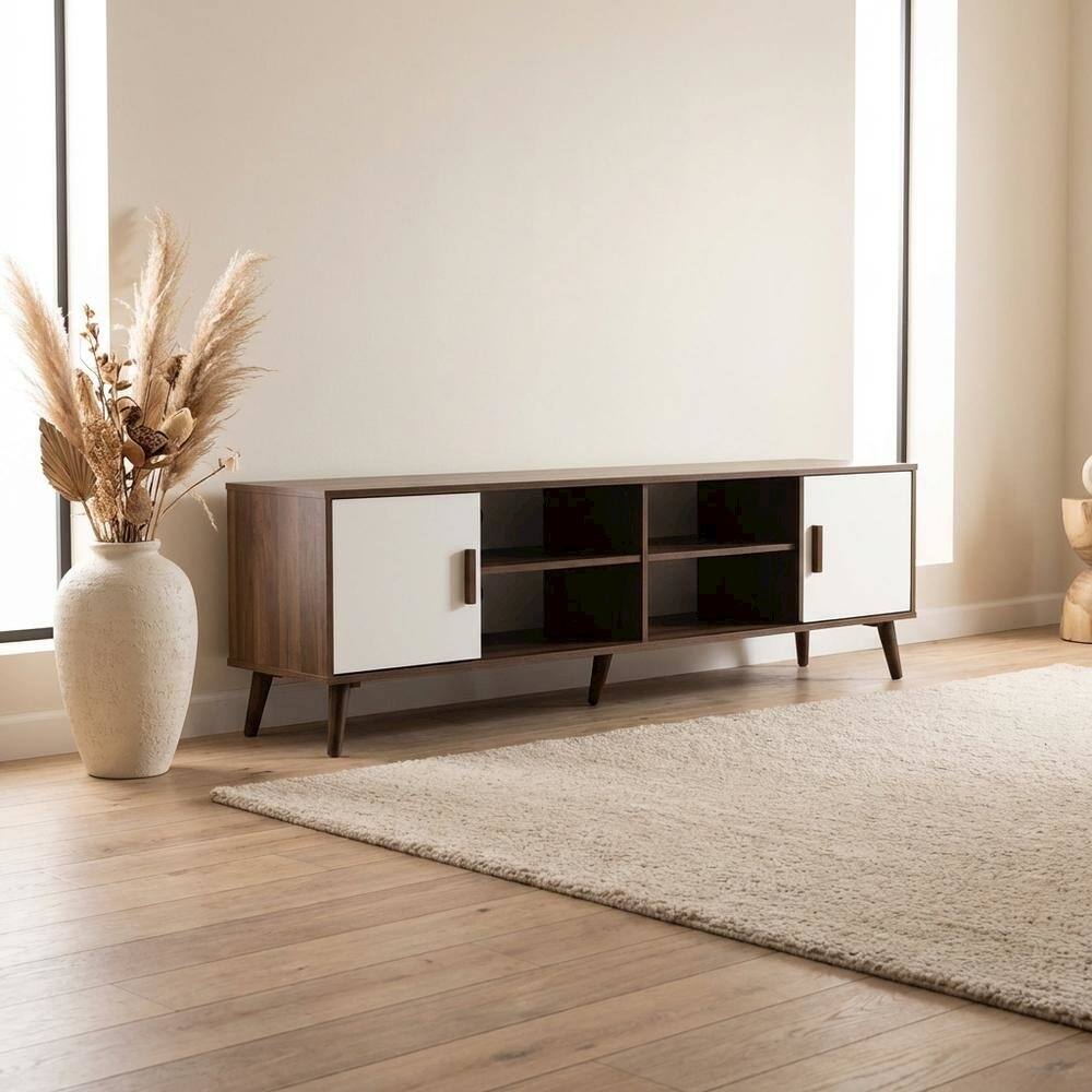 Alt View 2. FurniFact - Modern Two-Tone White and Walnut Finishes TV Stand with Wooden Frame - Brown.