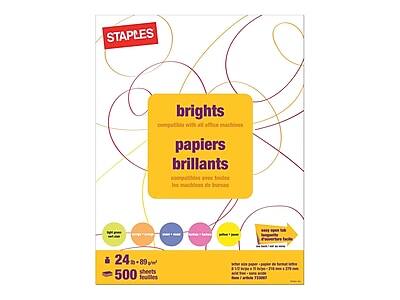 STAPLES  
brights  
papiers brillants  
compatible with all office machines  
compatibles avec toutes les machines de bureau  

24 x 89 g/m²  
500 sheets  
feuilles  

- Orange  
- Bleu  
- Rose  
- Jaune  

89 g/m²  
500 feuilles  

watermark paper - paper with watermark  
papier à filigrane - papier avec filigrane
