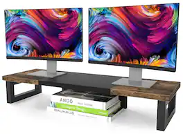 ThinkLink Electronic - Dual Monitor Stand Riser Wood Steel Multi-purpose Desktop Storage Monitors Computer Laptop Printer Rustic - Rustic Brown Large