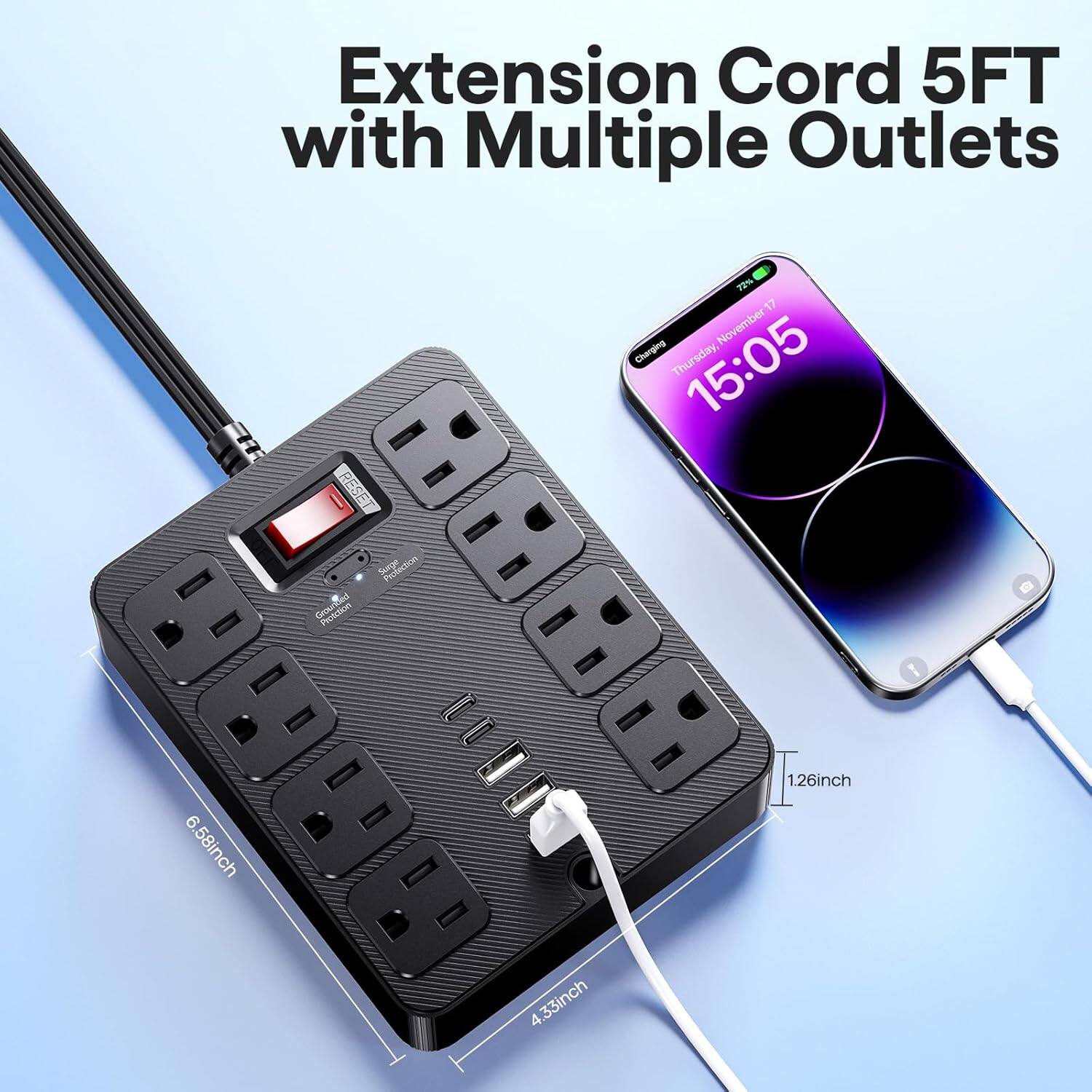 Extension Cord 5FT with Multiple Outlets

72% 17 November Charging Thursday, 15:05

RESE Prodection PROSCTION 6600

6 58inch 1.26inch 4 4.33inch 1.