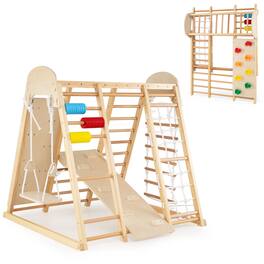 Costway - Indoor Jungle Gym for Kids 8-in-1 Montessori Climber Playset with Swing Monkey Bars - Natural