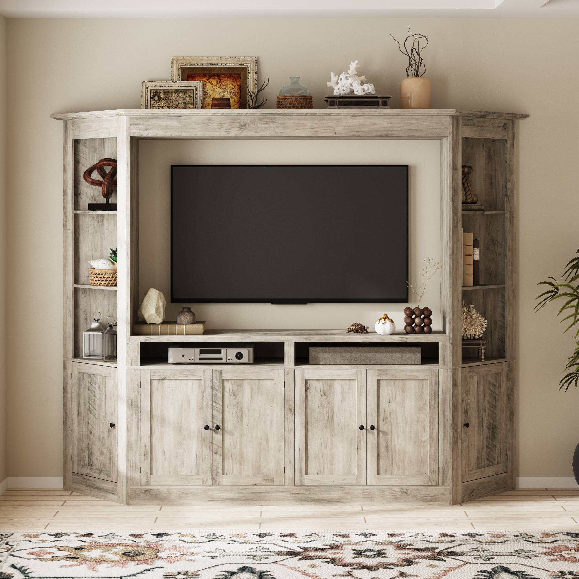 Angle. Famapy - 100-Inch Wide TV Stand for 70-Inch TV, Heavy-Duty Farmhouse Entertainment Center with Storage for Living Room - Gray.
