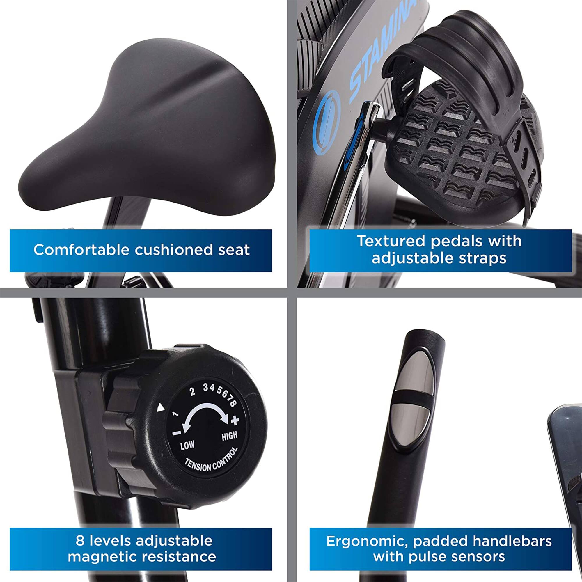 - Comfortable cushioned seat
- Textured pedals with adjustable straps
- 8 levels adjustable magnetic resistance
- Ergonomic, padded handlebars with pulse sensors