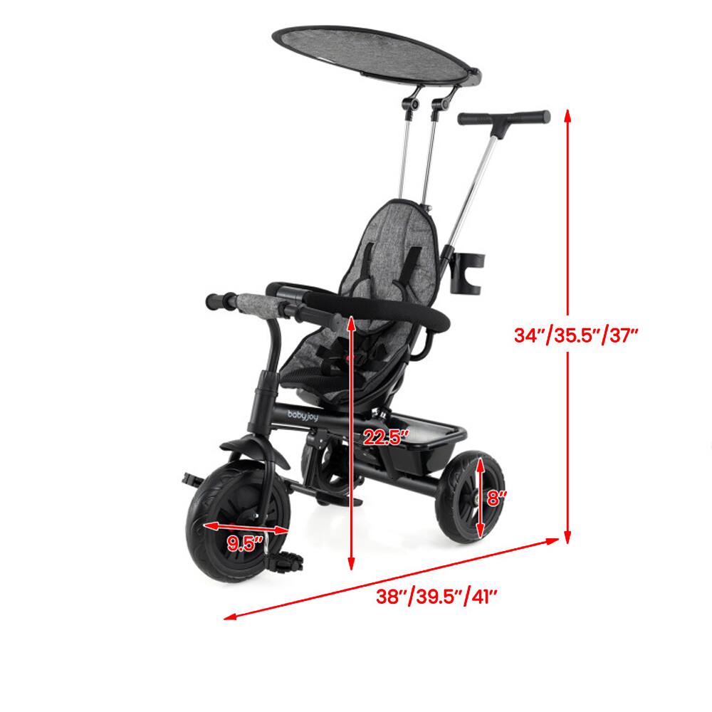 Sure, here is the corrected and grouped text from the image:

- **Height:** 34"/35.5"/37"
- **Width:** 38"/39.5"/41"
- **Seat Height:** 22.5"
- **Seat Width:** 8"
- **Seat Depth:** 9.5"
- **Wheel Diameter:** 9.5"