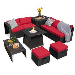 Costway - 9PCS Patio Rattan Furniture Set Fire Pit Space-saving W/Cover Cushion cover - Red