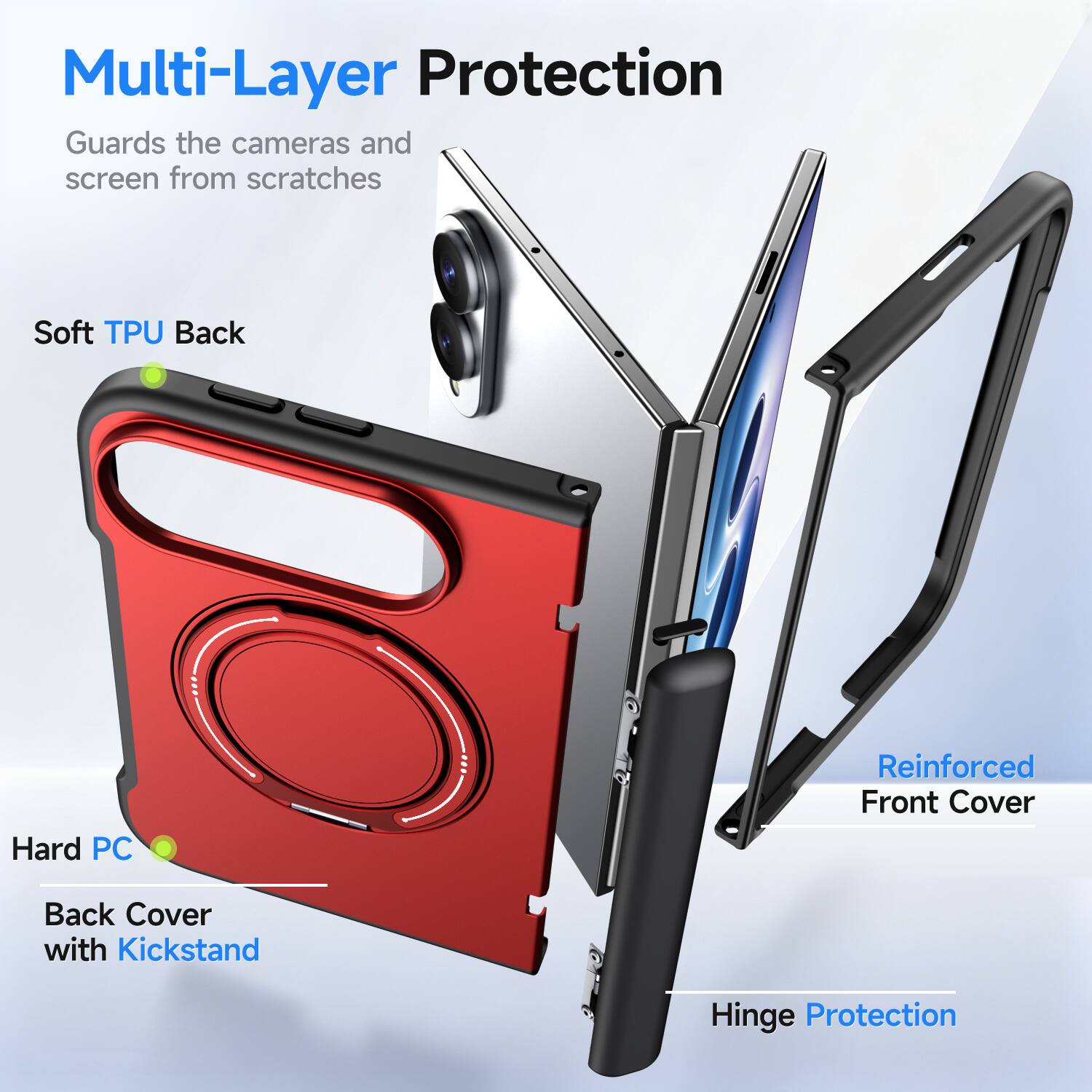 Multi-Layer Protection  
Guards the cameras and screen from scratches  

Soft TPU Back  
Hard PC  
Reinforced Front Cover  
Back Cover with Kickstand  
Hinge Protection