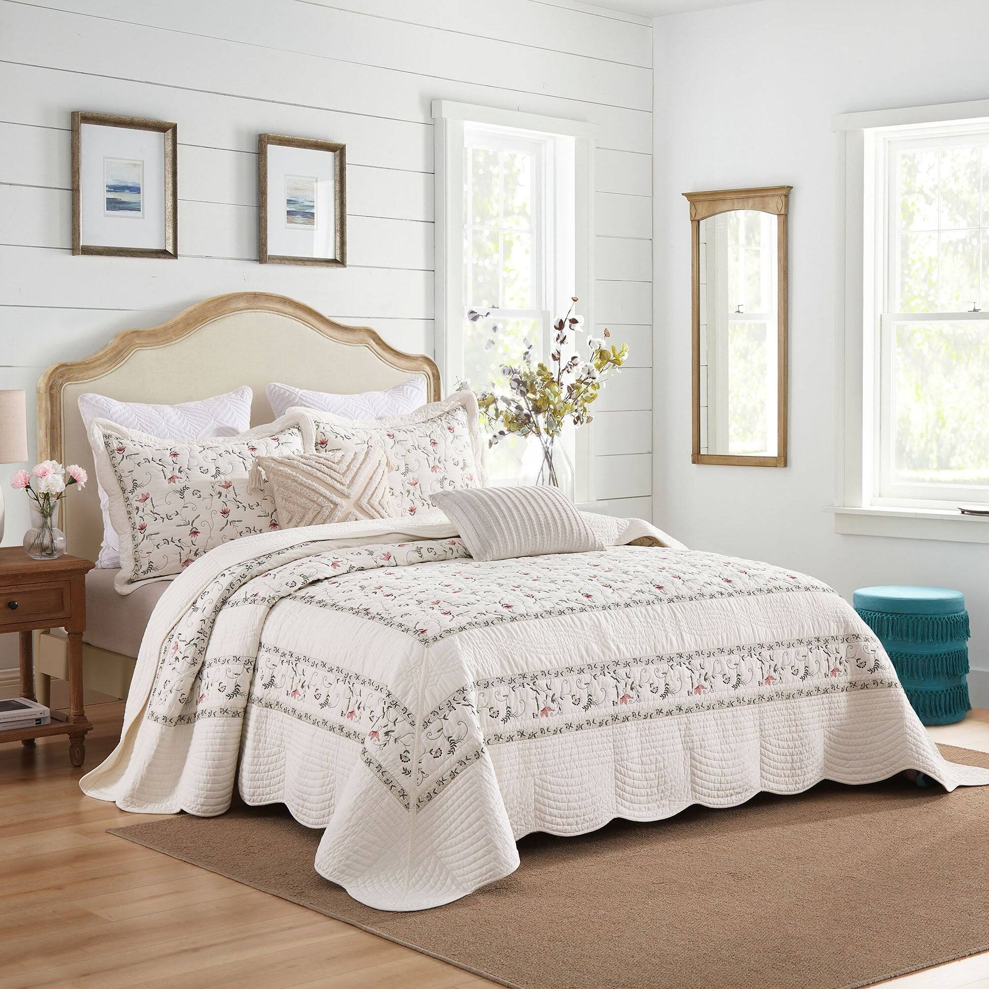 Angle. MarCielo - MarCielo 3Pcs 100% Cotton Embroidery Delicate Floral Quilt Bedspread Set - Multi other clrs.