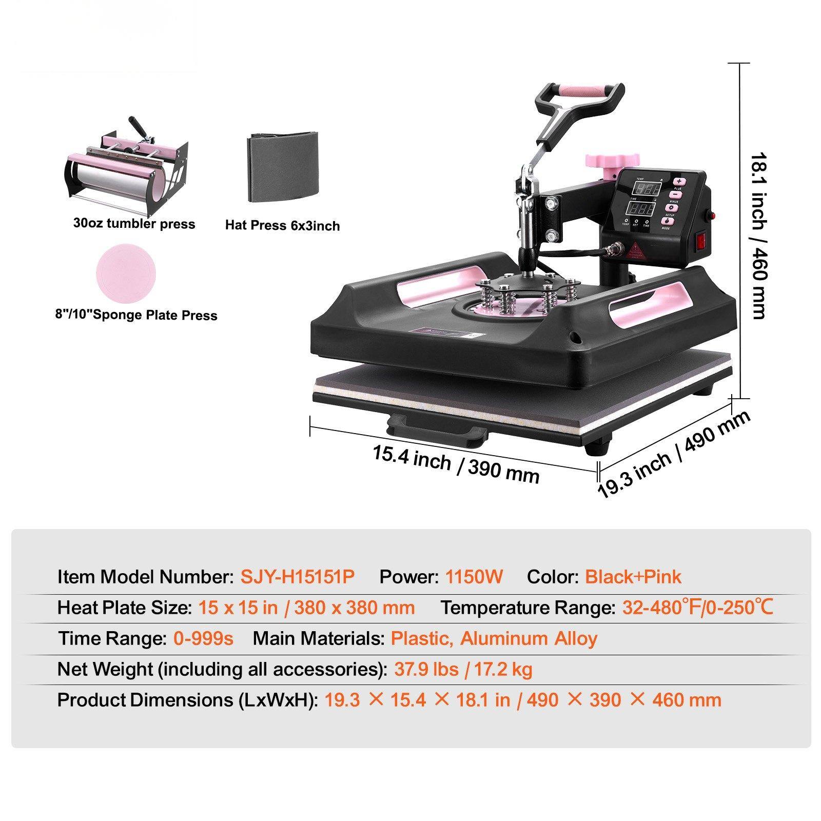 30oz tumbler press  
Hat Press 6x3inch  
8"/10"Sponge Plate Press  

- 18.1 inch | 460 mm  
- 15.4 inch | 390 mm  
- 19.3 inch | 490 mm  

Item Model Number: SJY-H15151P  
Power: 1150W  
Color: Black+Pink  
Heat Plate Size: 15 X 15 in | 380 x 380 mm  
Temperature Range: 32-480F/0-250C  
Time Range: 0-999s  
Main Materials: Plastic, Aluminum Alloy  
Net Weight (including all accessories): 37.9 lbs / 17.2 kg  
Product Dimensions (LxWxH): 19.3 X 15.4 X 18.1 in / 490 X 390 X 460 mm
