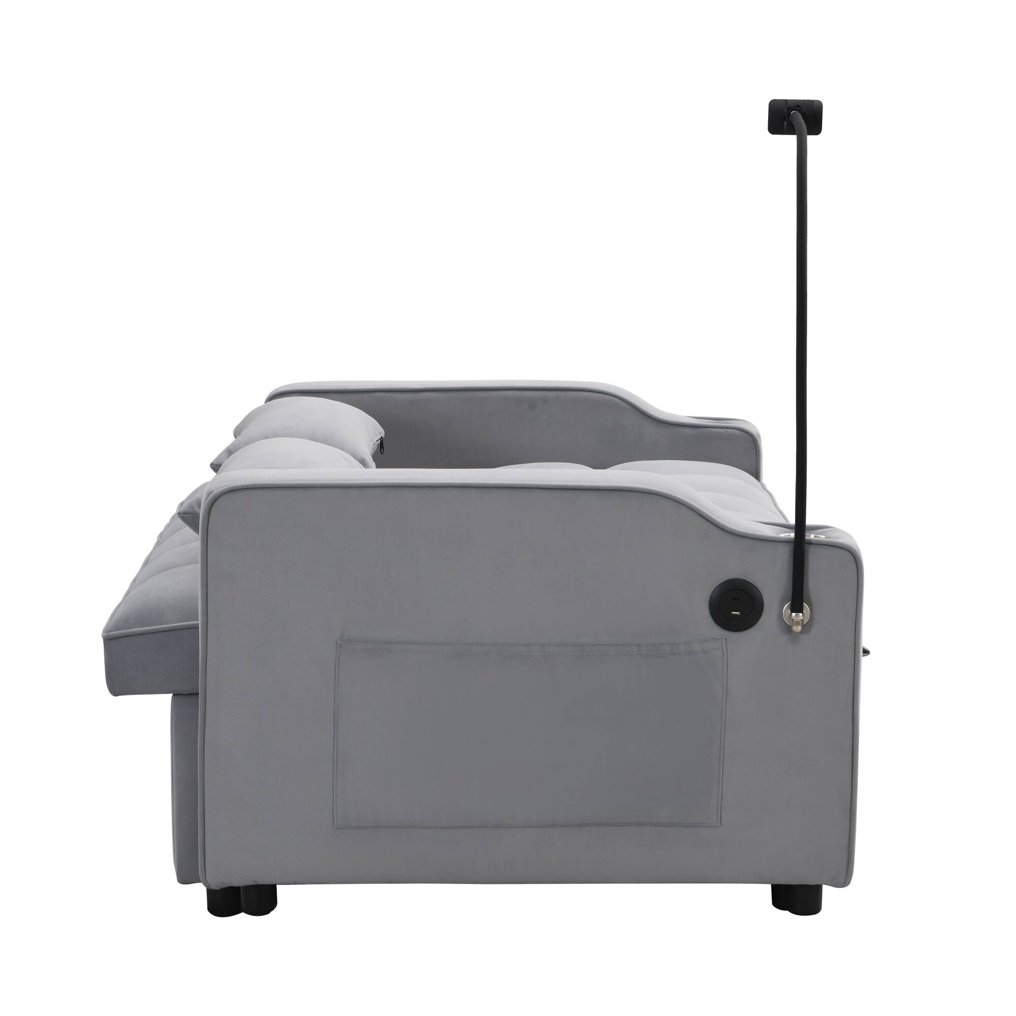 Alt View 4. GOODSILO - Convertible Velvet Sofa Bed with Adjustable Backrest, USB Ports, and Storage Pockets for Compact Living Spaces - Light Gray.