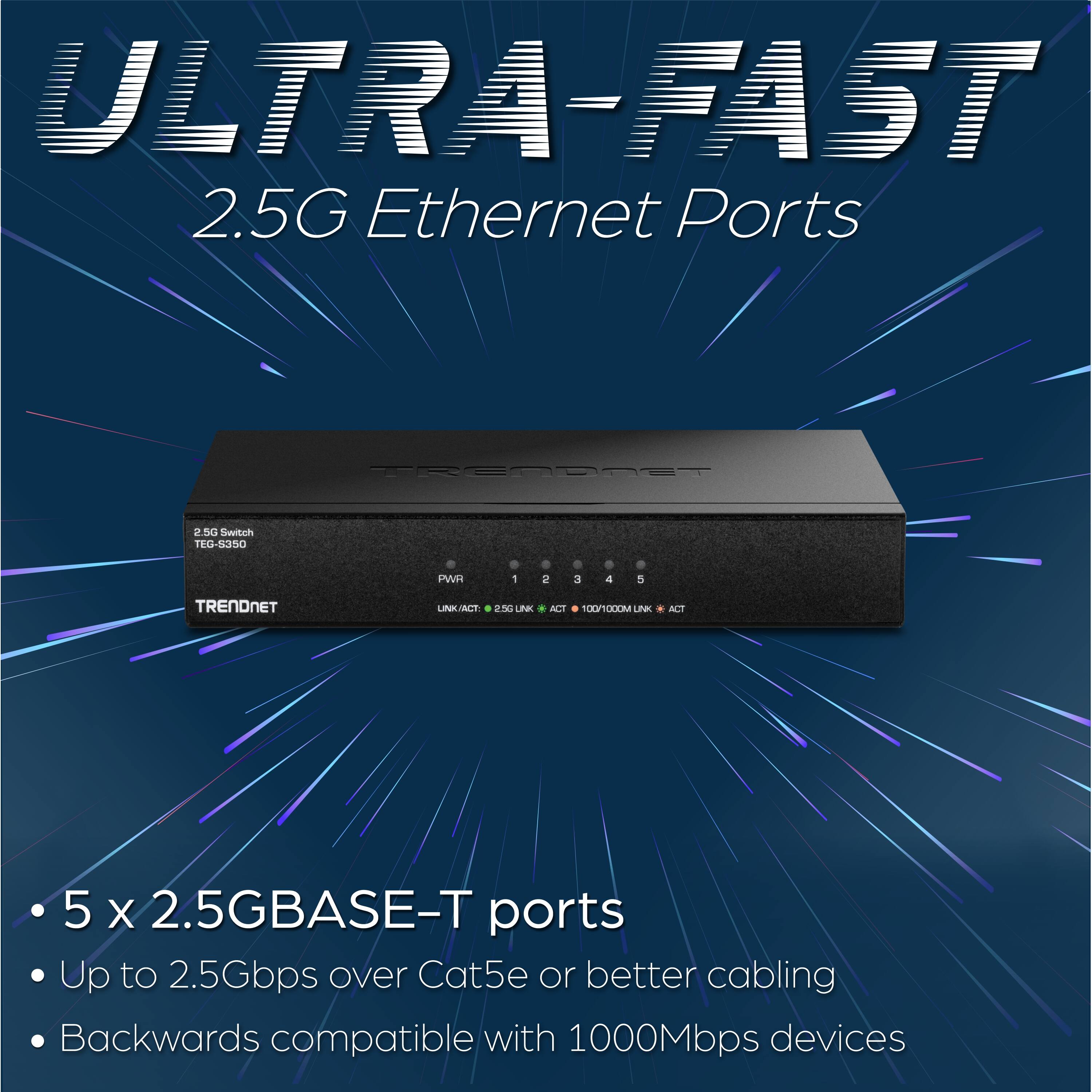 ULTRA-FAST 2.5G Ethernet Ports

TRENDNET 2.5G Switch

PWR 1 2 3 4 5

TRENDNET

UNI-LINK 250

AI 100/1000M LINK ACT

5 x 2.5GBASE-T ports

Up to 2.5Gbps over Cat5e or better cabling

Backwards compatible with 1000Mbps devices