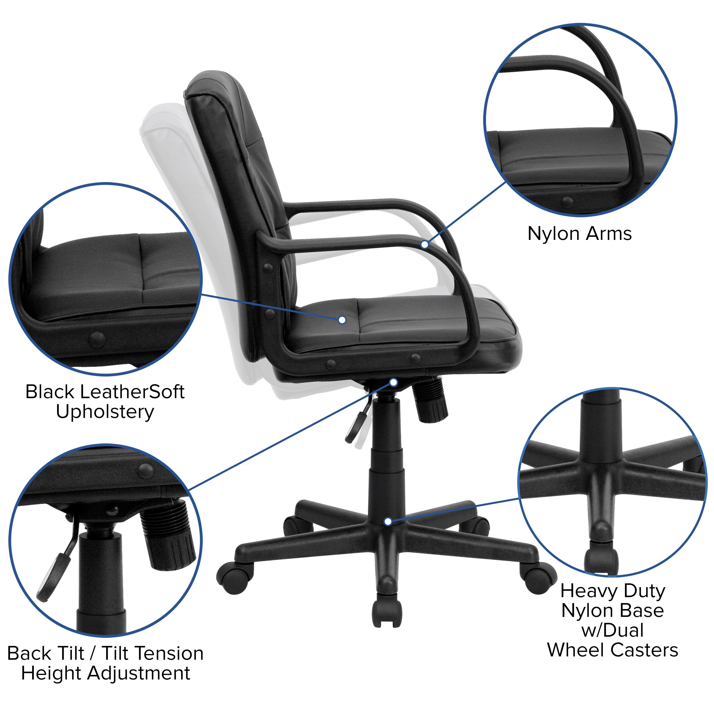 Nylon Arms  
Black LeatherSoft Upholstery  
Back Tilt / Tilt Tension Height Adjustment  
Heavy Duty Nylon Base w/Dual Wheel Casters
