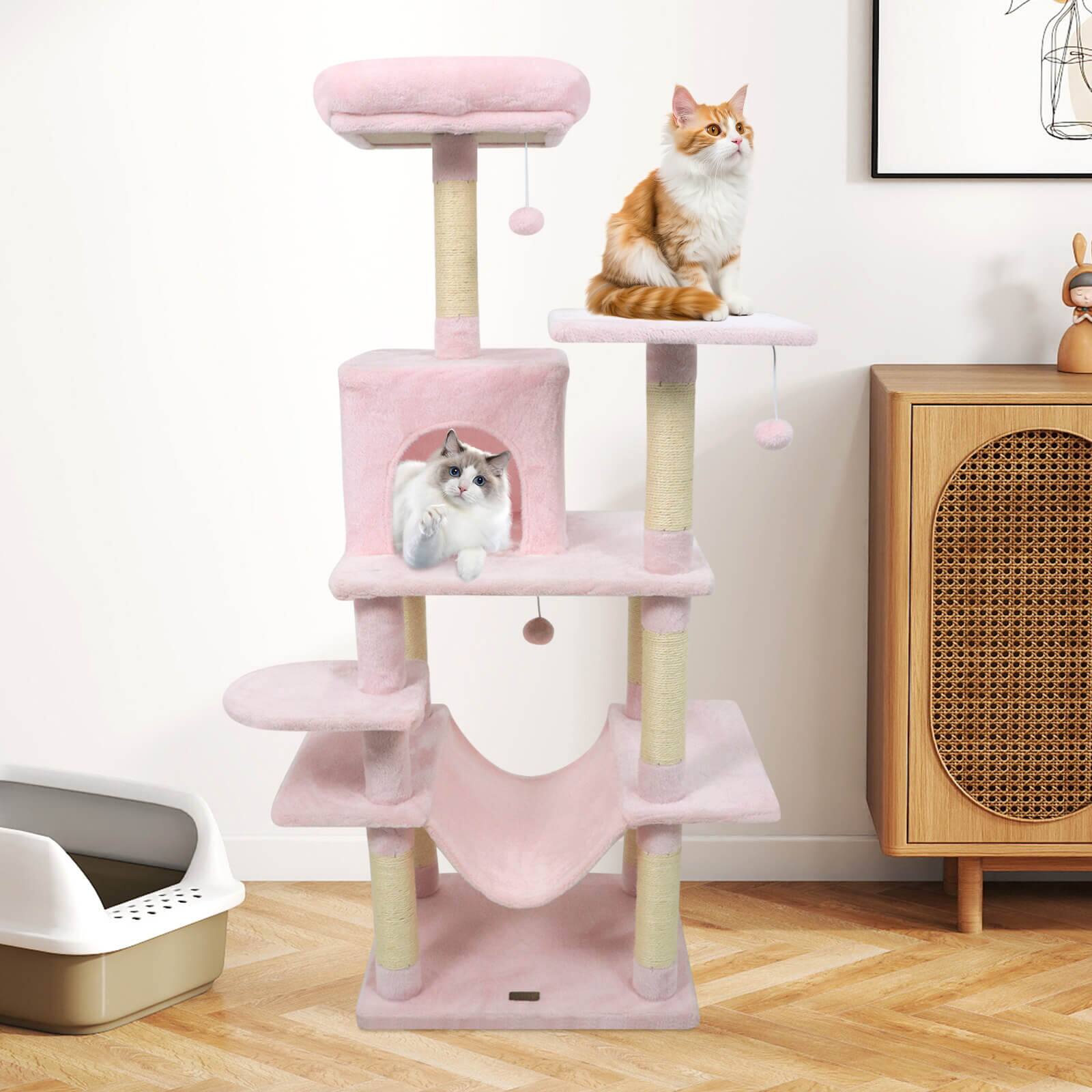 Alt View 4. Costway - Costway 58" Tall Multi-level Cat Tree with Upholstered Perch & Cat Condo, Comfy Hammock.