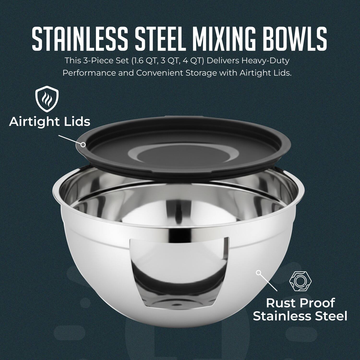 STAINLESS STEEL MIXING BOWLS

This 3-Piece Set (1.6 QT, 3 QT, 4 QT) Delivers Heavy-Duty Performance and Convenient Storage with Airtight Lids.

Airtight Lids

Rust Proof Stainless Steel