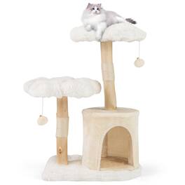 Costway - 32 inch Cute Wood Cat Tree w/ Scratching Posts Pet Condo Furniture Activity Center - White,Beige