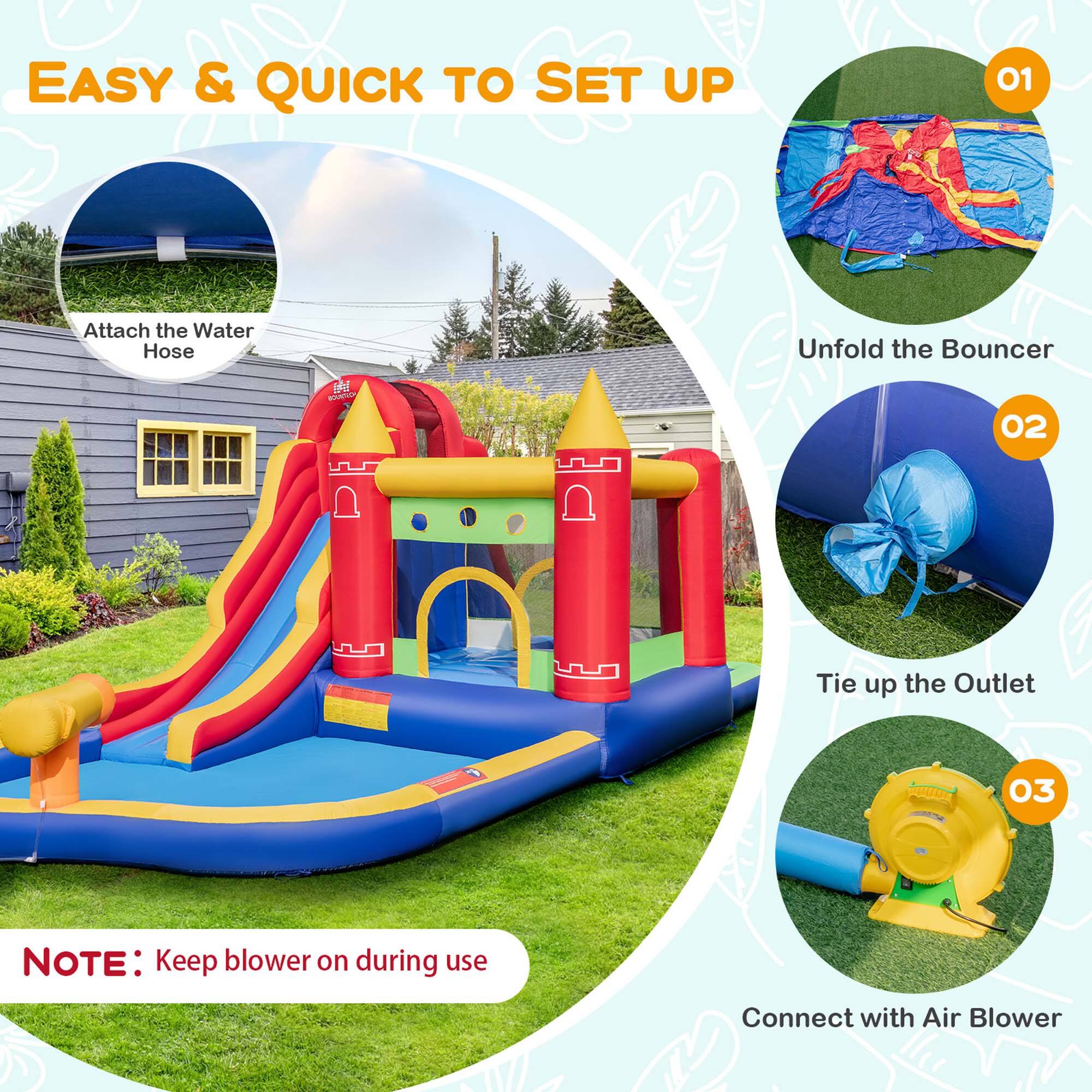 EASY & QUICK TO SET UP

01 Attach the Water Hose  
02 Unfold the Bouncer  
03 Tie up the Outlet  
04 Connect with Air Blower  

NOTE: Keep blower on during use