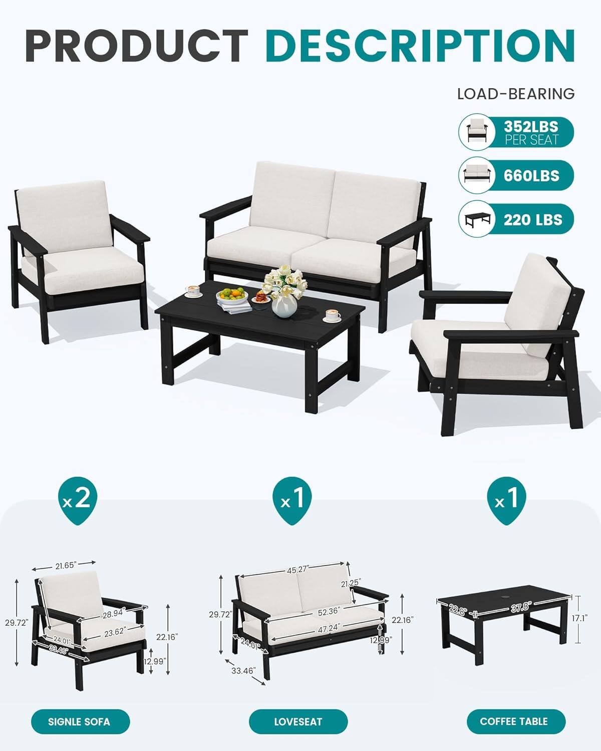 PRODUCT DESCRIPTION

LOAD-BEARING
- 352LBS PER SEAT
- 660LBS
- 220 LBS

SINGLE SOFA
- 29.72" x 21.65" x 24.01" x 23.46" x 28.94" x 23.62" x 22.16" x 12.99"

LOVESEAT
- 29.72" x 24.01" x 33.46" x 45.27" x 21.25" x 52.36" x 22.16" x 47.24" x 12.99"

COFFEE TABLE
- 22.8" x 37.8" x 17.1"