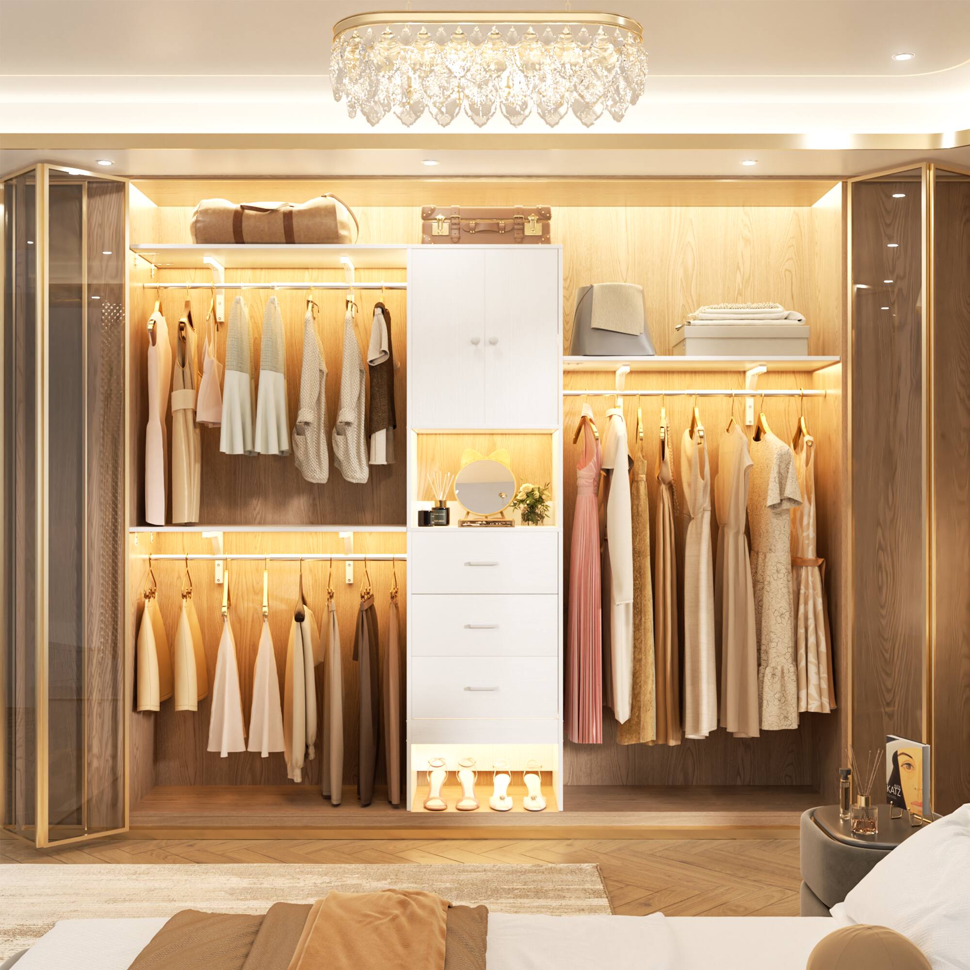 Angle. Aheaplus - 8FT Heavy Duty Walk-In Closet System with Doors, 3 Shelves, 3 Wood Drawers, 96"L x 16"W x 80"H, 1000 LBS Max Load - White.