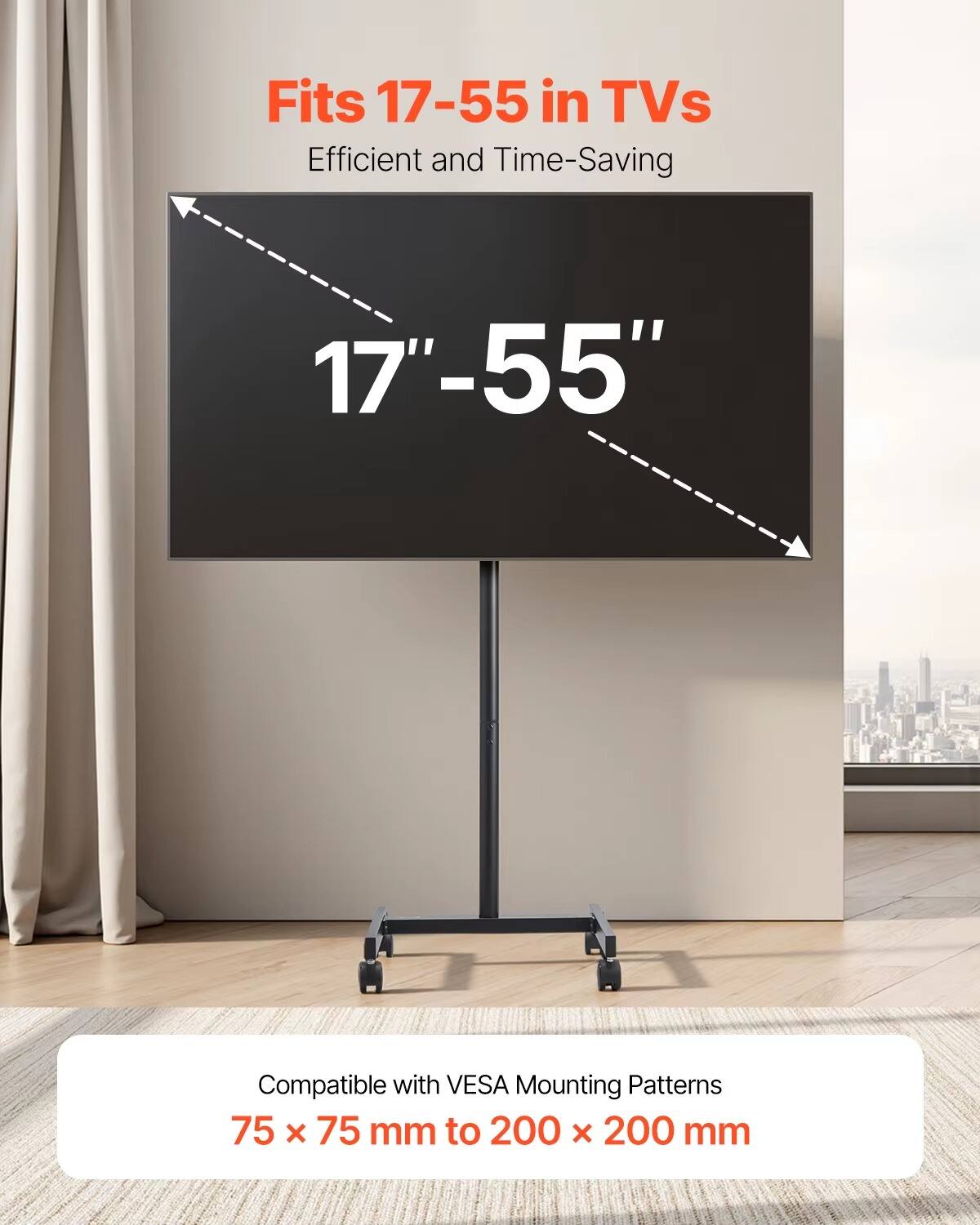 Fits 17-55 in TVs  
Efficient and Time-Saving  

17"-55"  

Compatible with VESA Mounting Patterns  
75 x 75 mm to 200 x 200 mm