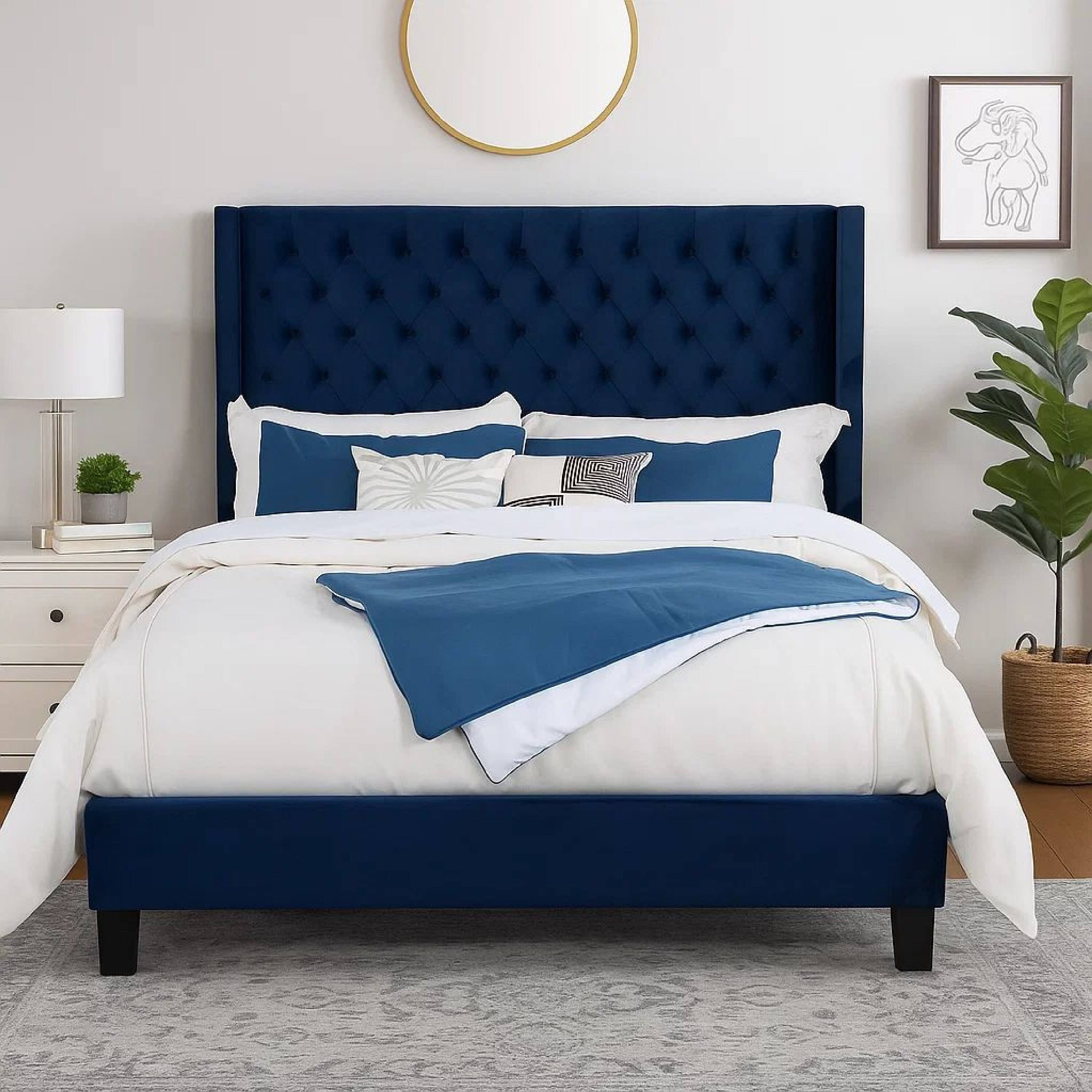 Alt View 7. Manhattan Lane - Hiu Queen Size Bed, Wingback Headboard, Navy Blue Velvet Like Upholstery - Navy Blue.