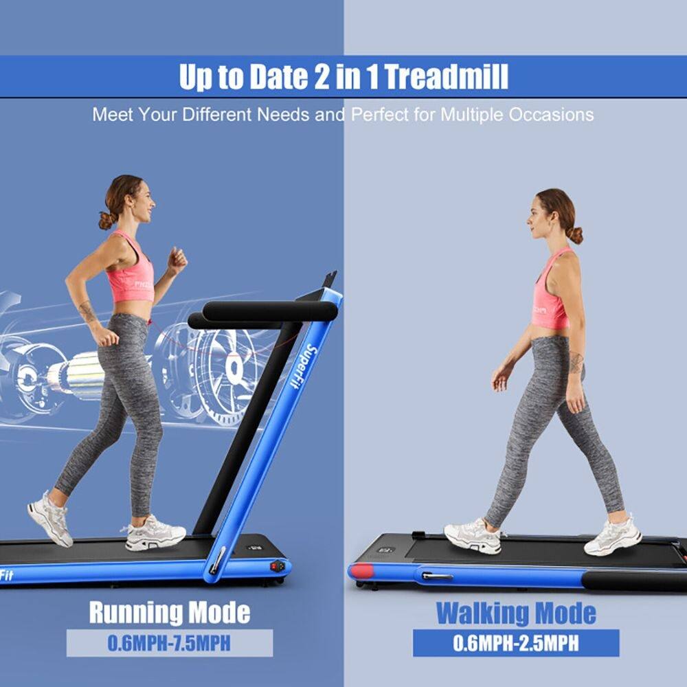 Up to Date 2 in 1 Treadmill  
Meet Your Different Needs and Perfect for Multiple Occasions  

SuperFit  
Fit  
Running Mode: 0.6MPH-7.5MPH  
Walking Mode: 0.6MPH-2.5MPH