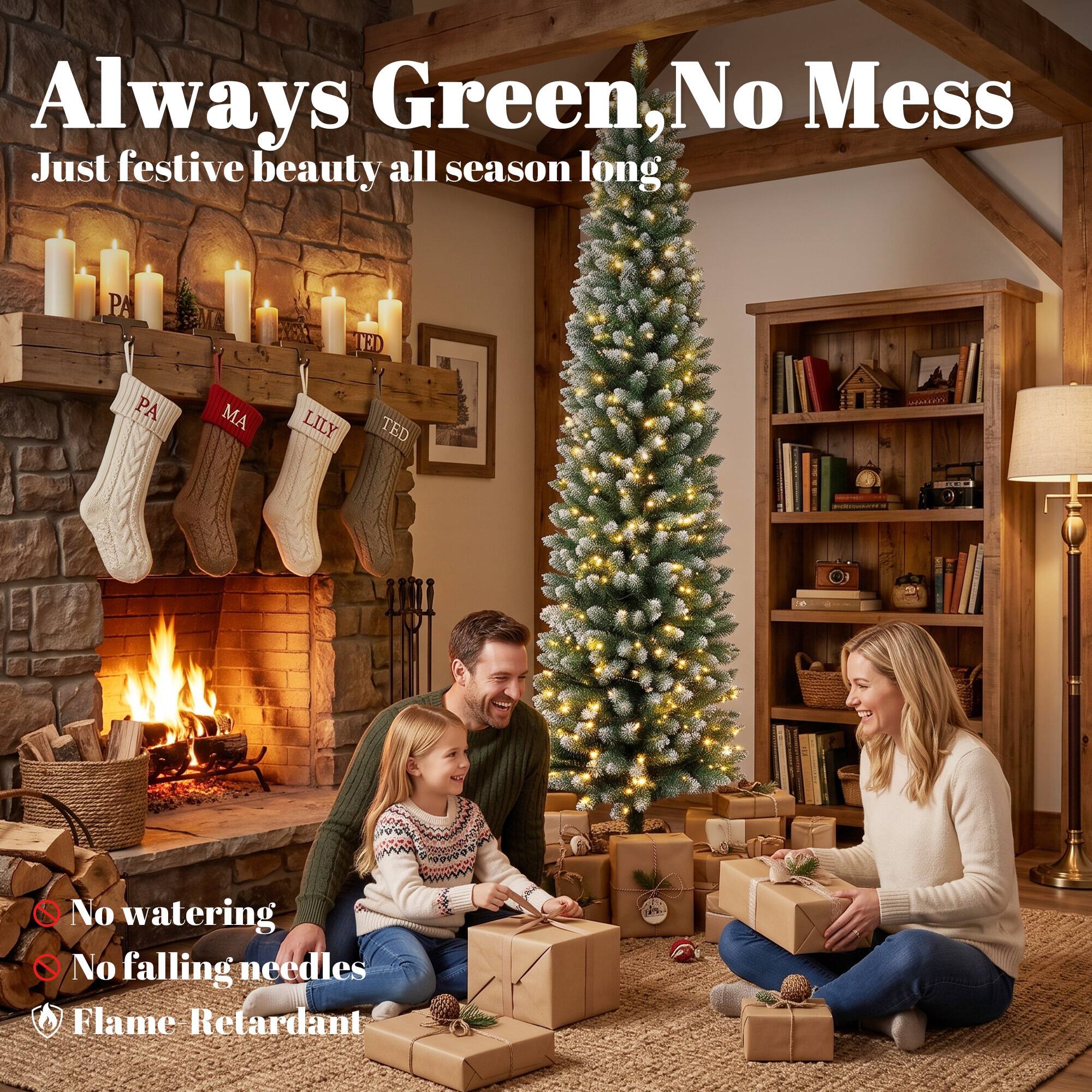 Always Green, No Mess  
Just festive beauty all season long

No watering  
No falling needles  
Flame Retardant