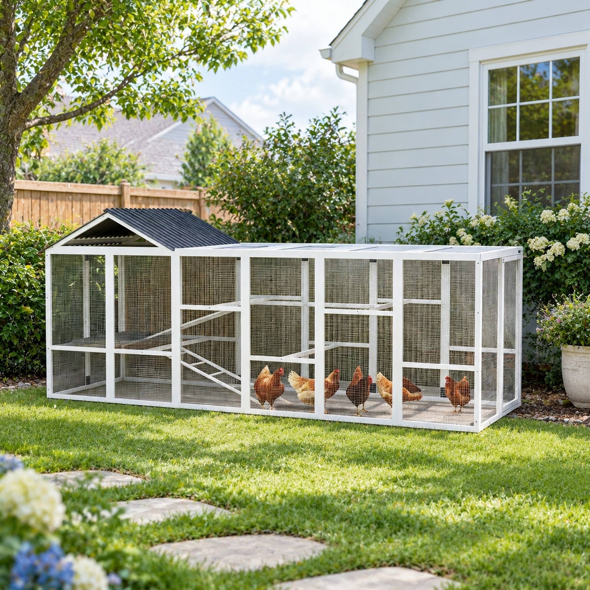Back. RYHNUYNE - Wooden Chicken Coop Run, 141.75 in x 48 in x 61 in, Fir Wood and Metal, 2-Tier Perches, Storage, for 6-10 Chickens.