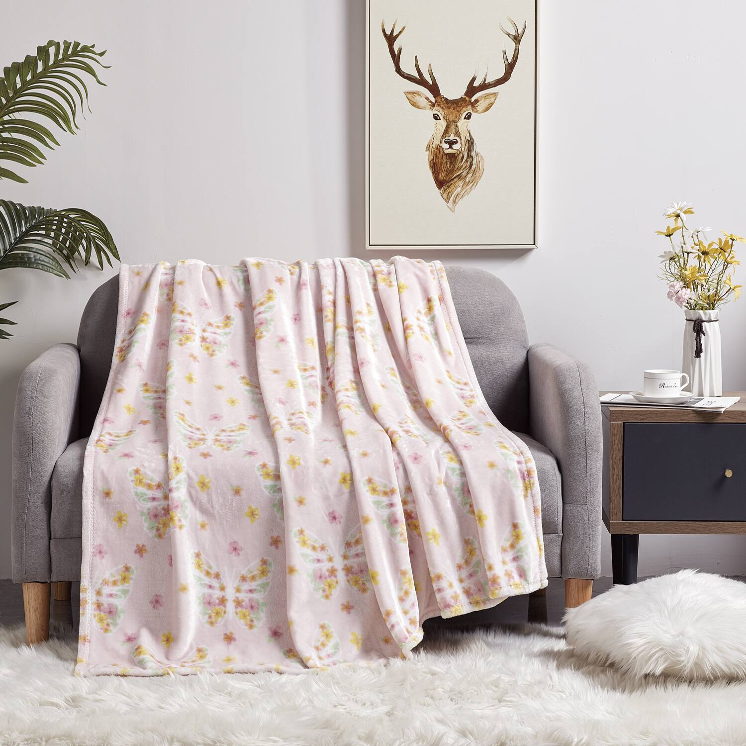 Angle. Plazatex - Plazatex 100% Polyester Butterfly Garden Lightweight Oversized Throw Blanket 60" x 70" White - Blush.