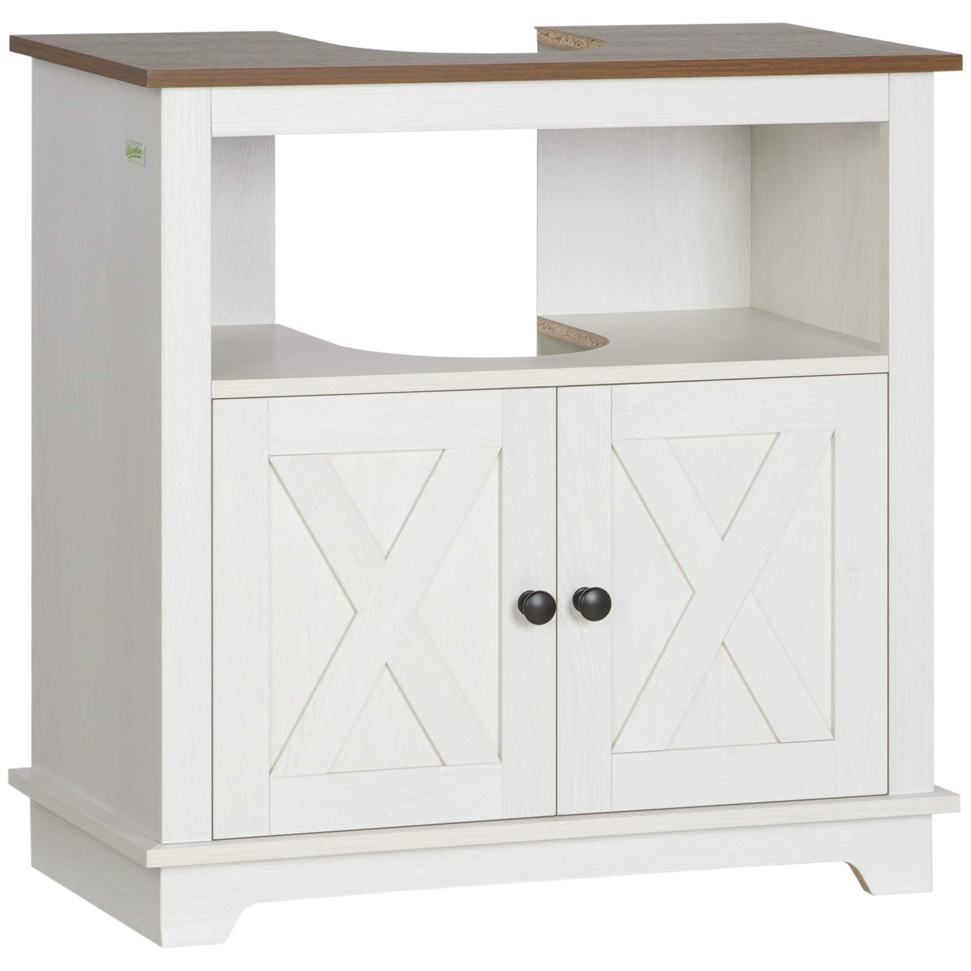 Farmhouse Under Sink Bathroom Cabinet, Pedestal Vanity Storage Cabinet with Double Doors and Storage Shelves