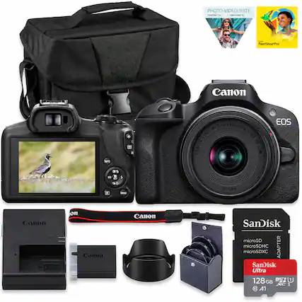 PHOTO-VIDEO SUITE PaintShop Pro by VideoStudio Pro
Canon
INFO
2%
DG
RF-S18-45mm LENS F4.5-6.3 IS CANON STM
EOS
150
SET
S
MENU
049mm
Canon CHARGE FULL
on Canon
Canon
SanDisk microSD microSDHC ADAPTER microSDXC SanDisk Ultra 128 micro U GB CS XC I A1