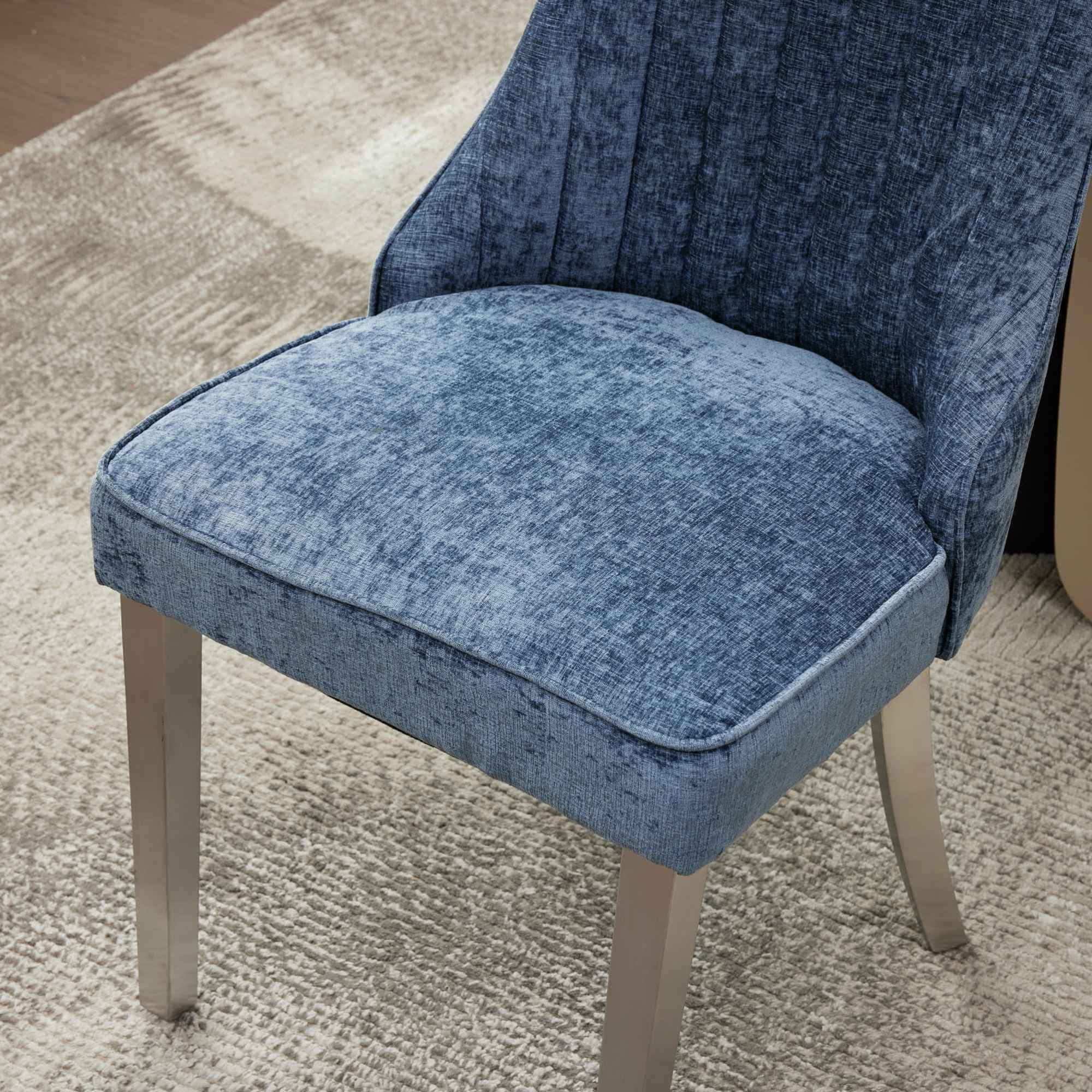 Alt View 8. GOODSILO - Luxury Chenille Fabric Upholstered Dining Chairs with Golden Stainless Steel Legs, Set of 2 - Blue.