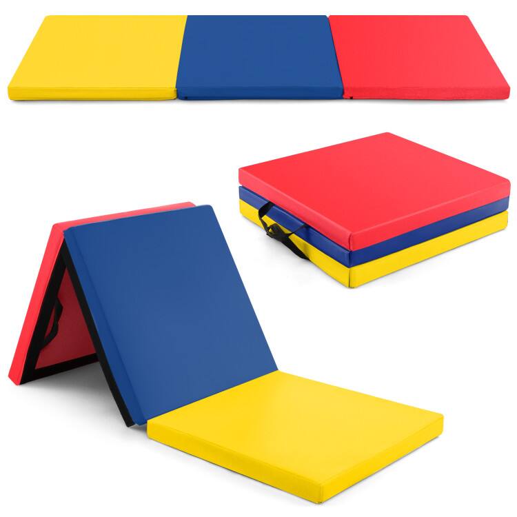 Front. SlickBlue - Tri-Fold Gym Mat with Handles and Removable Zippered Cover for Training - Multicolor.