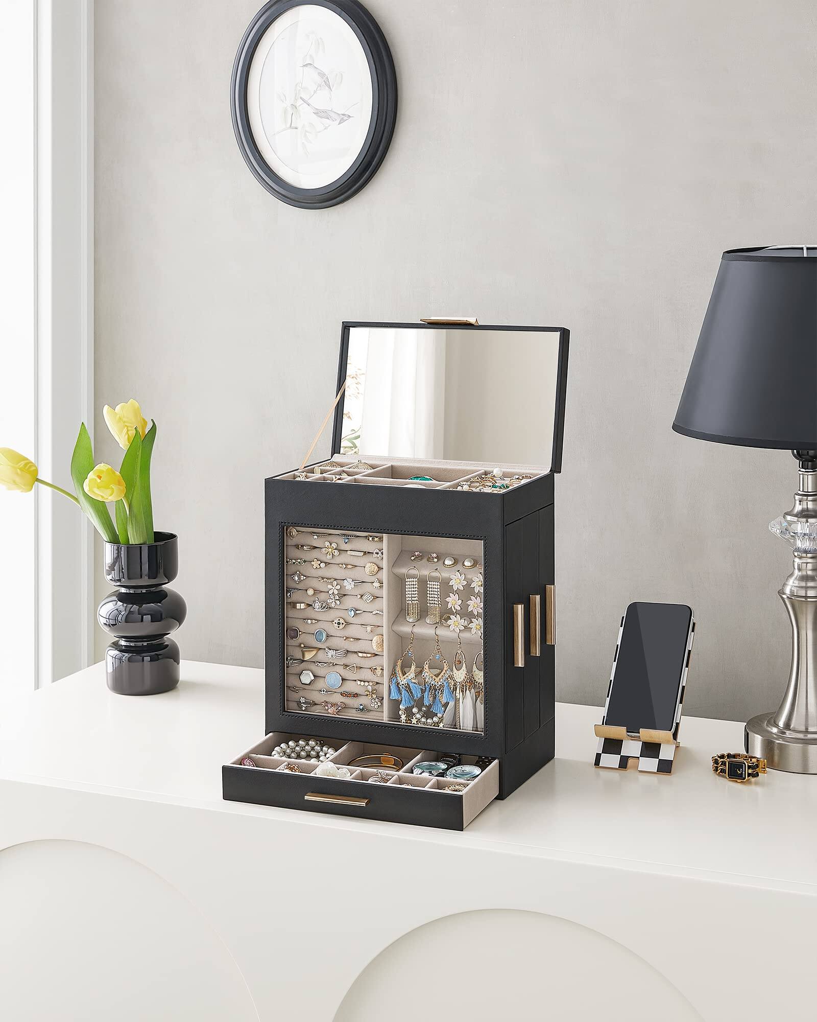 Alt View 4. Songmics Home - 5-Layer Modern Jewelry Organizer with 3 Side Drawers and Large Mirror - Ink Black and Metallic Gold - Black.