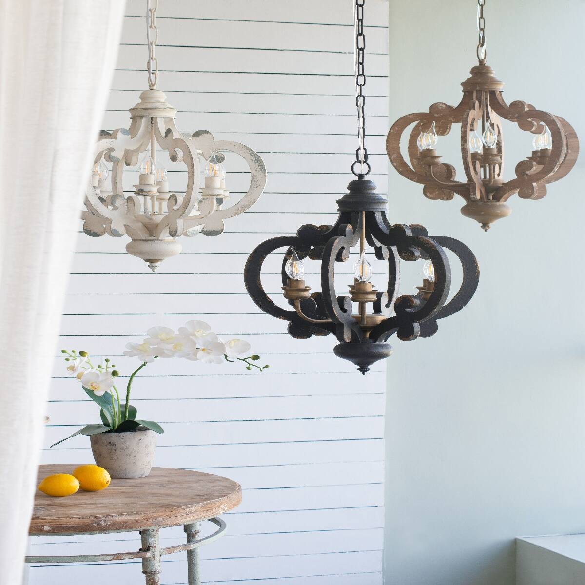 Left. Loheer - Loheer Six Light French Country Wood Chandelier with Adjustable Chain for Kitchen or Foyer.