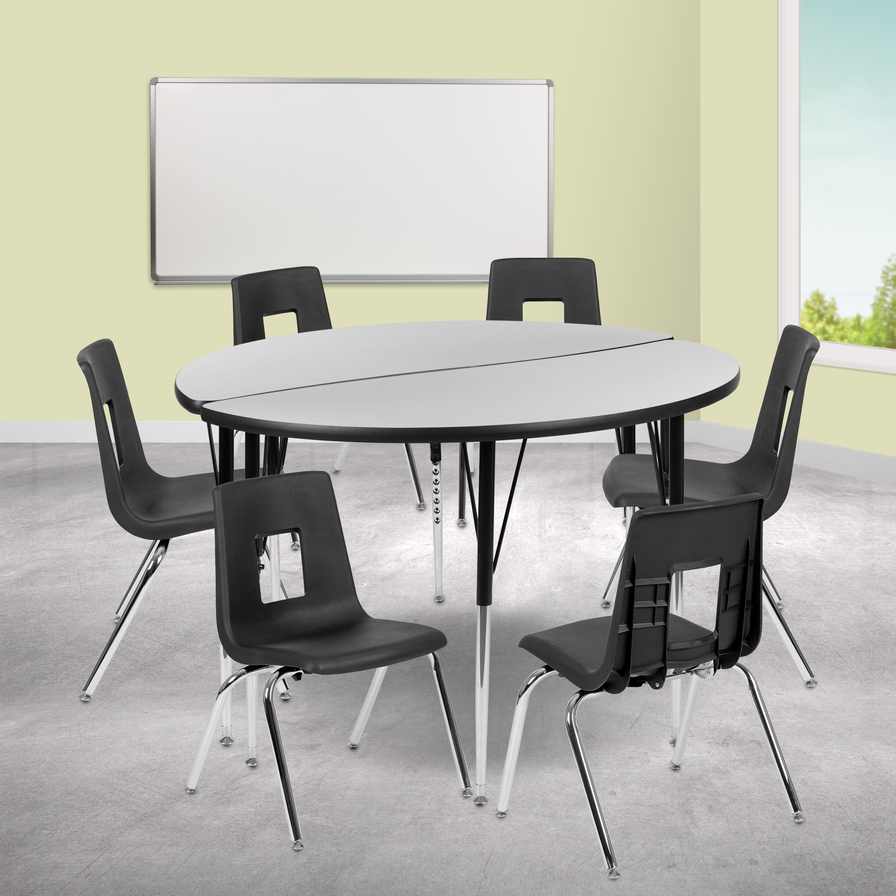 "Emma + Oliver - 47.5"" Circle Wave Collaborative Laminate Activity Table Set with 18"" Student Stack Chairs, Grey/Black - Gray" price history on PriceWatchPro