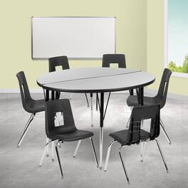 Emma + Oliver - 47.5" Circle Wave Collaborative Laminate Activity Table Set with 18" Student Stack Chairs, Grey/Black - Gray