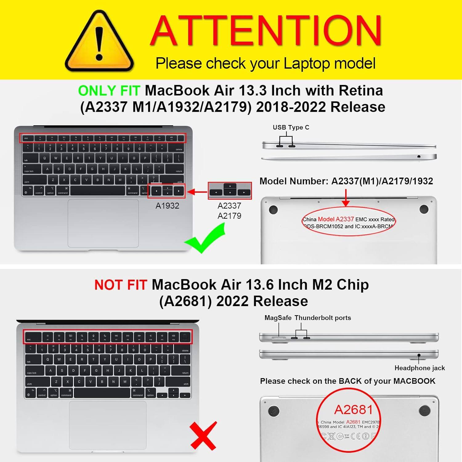 ! ATTENTION Please check your Laptop model ONLY FIT MacBook Air 13.3 Inch with Retina (A2337 M1/A1932/A2179) 2018-2022 Release USB Type C

Model Number: A2337(M1)/A2179/1932
A1932
A2337 A2179
China Model A2337 EMC XXXX Rated DS-BRCM1052 and IC>>>XA-BRCN

NOT FIT MacBook Air 13.6 Inch M2 Chip (A2681) 2022 Release MagSafe Thunderbolt ports

DO:

Headphone jack Please check on the BACK of your MACBOOK

A2681 China Model A2681 EMC2978 6598 and C 4LA123 TM and