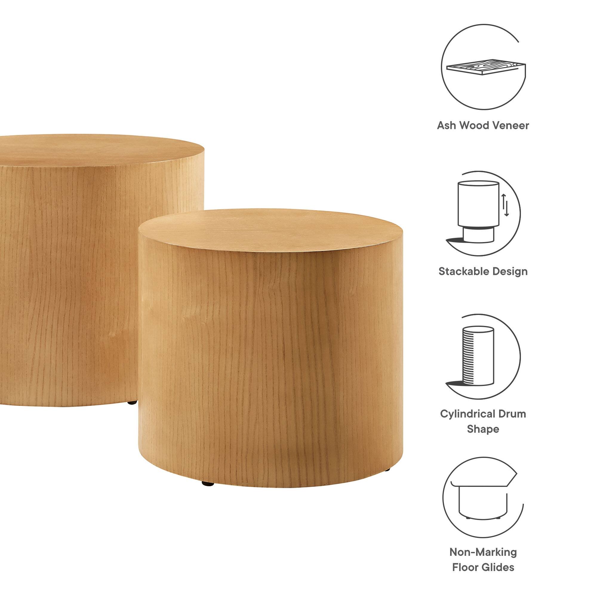 Ash Wood Veneer  
Stackable Design  
Cylindrical Drum Shape  
Non-Marking Floor Glides