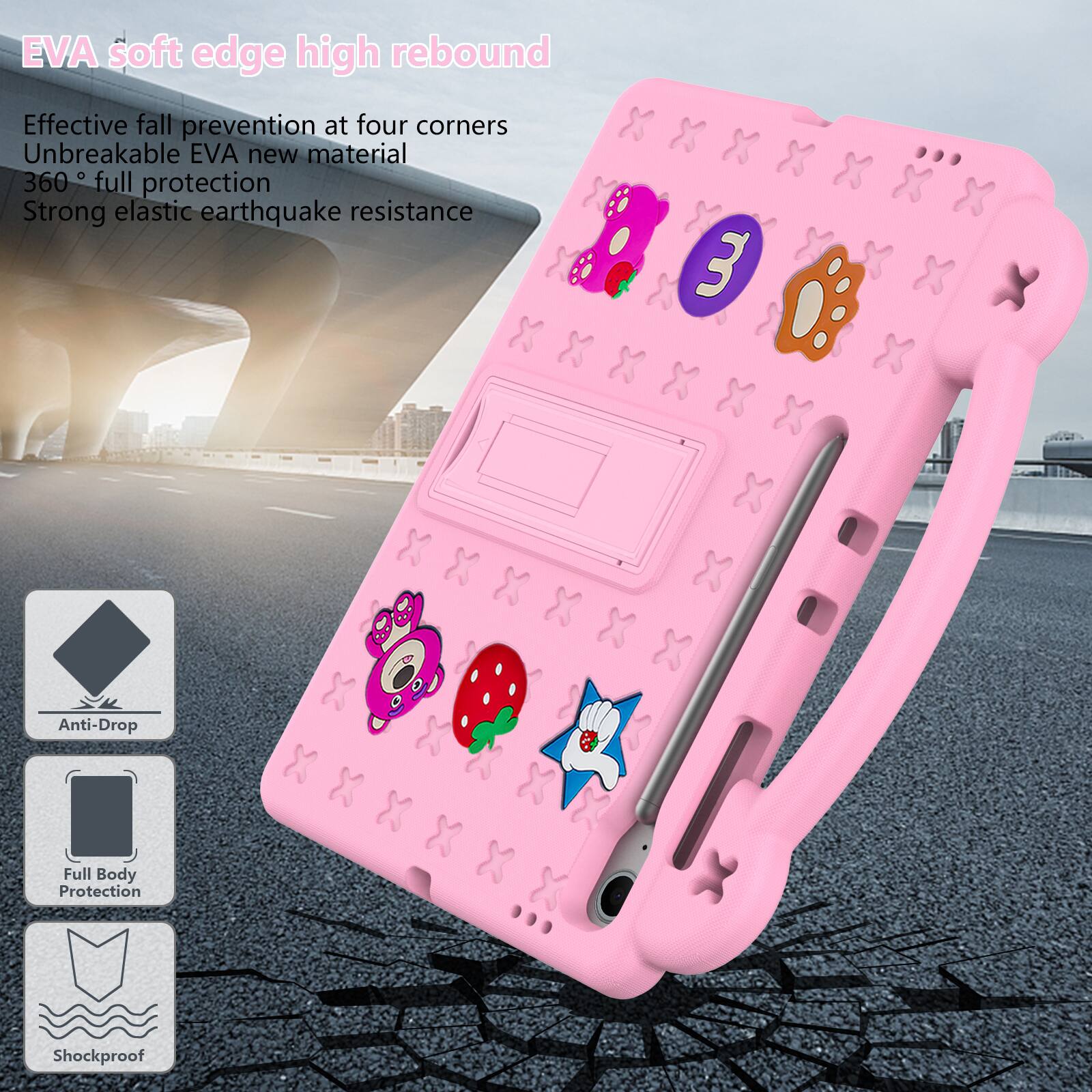EVA soft edge high rebound  
Effective fall prevention at four corners  
Unbreakable EVA new material  
360° full protection  
Strong elastic earthquake resistance  
Anti-Drop  
Full Body Protection  
Shockproof
