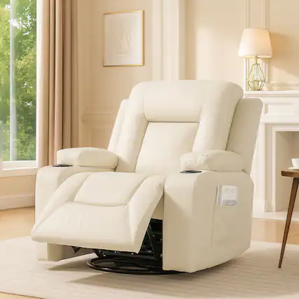 Front. CloudRest Pro - Recliner Chair with Cup Holders PU Rocking Chair with Side Pockets Single Sofa Seat,White - White.