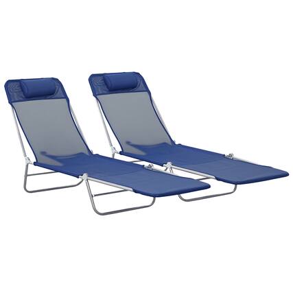 Front. Outsunny - 2 Piece Folding Chaise Lounge Chairs, Pool Sun Tanning Chairs with Reclining Back, Breathable Mesh Seat - Dark Blue.
