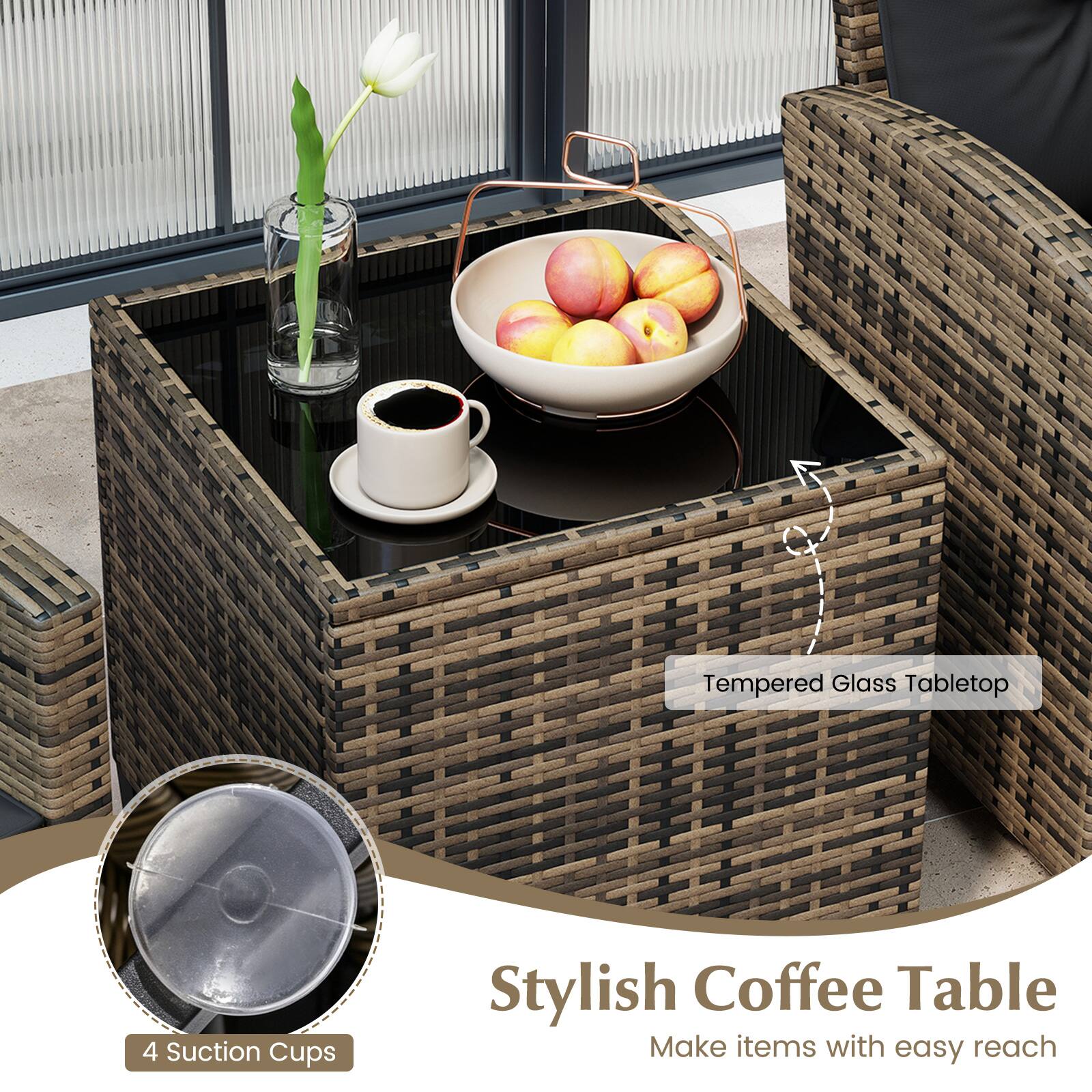 Tempered Glass Tabletop  
4 Suction Cups  
Stylish Coffee Table  
Make items with easy reach